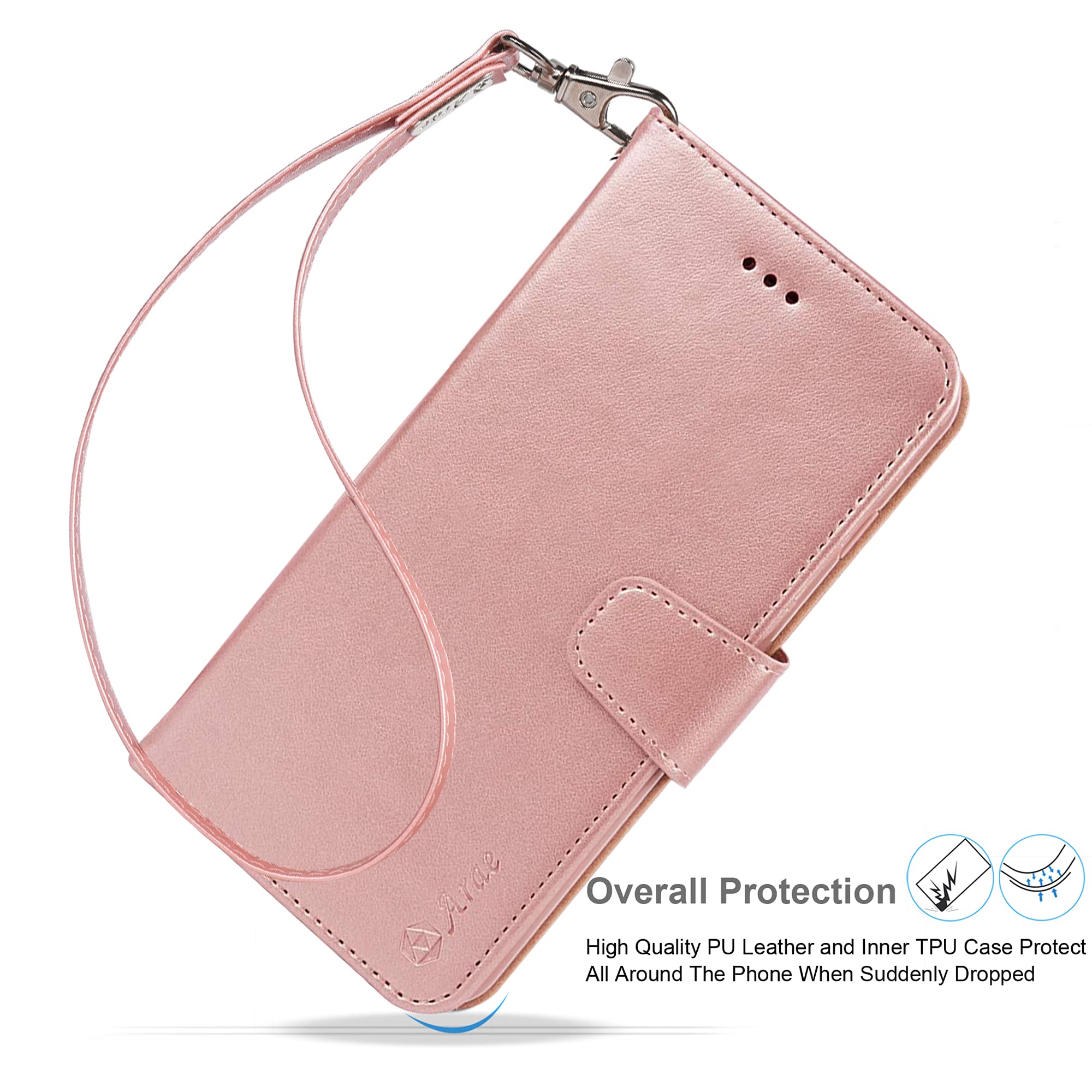 Arae iPhone 13 Wallet Case with Card Holder & Wrist Strap - Rose Gold Flip Cover for 6.1