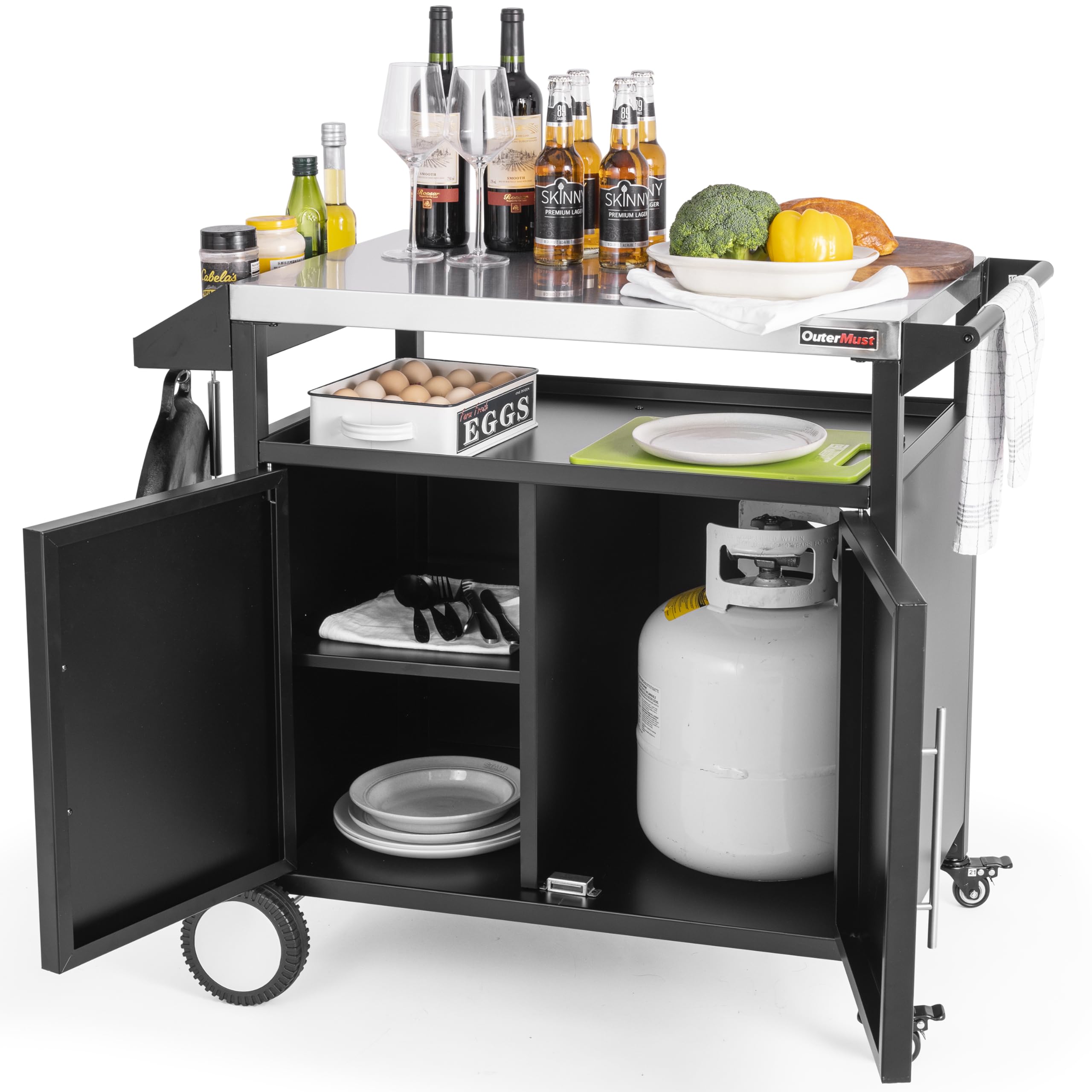 Premium Outdoor Grill Table & Kitchen Cabinet - Portable Prep Station with Storage for BBQ, Pizza Oven & Entertaining | Silver & Black | Patio, Backyard & Camping Use