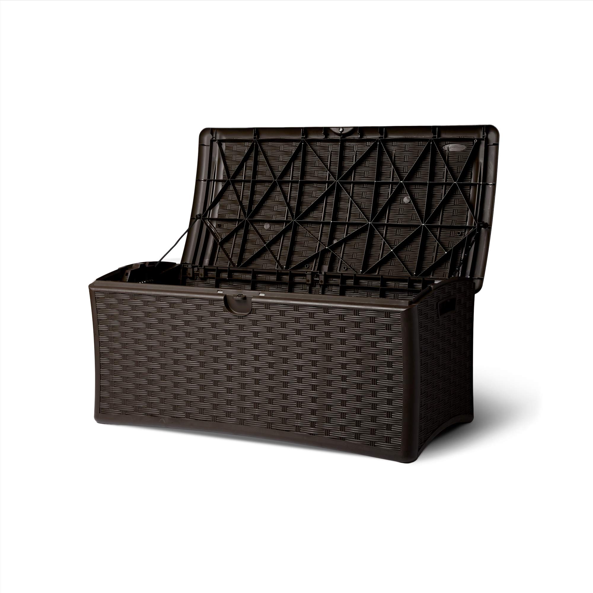 Suncast 72 Gallon Resin Wicker Outdoor Patio Storage Deck Box - Weatherproof Brown Deck Box for Cushions, Pool Toys & Garden Tools (2 Pack) - Perfect for Backyard, Poolside & Patio Organization