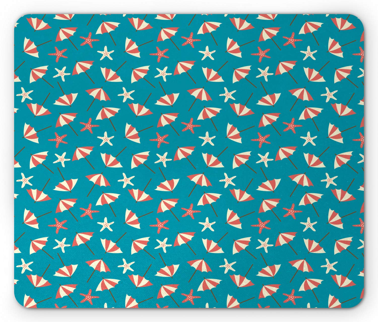 Ambesonne Summer Mouse Pad - Holiday Beach Umbrella & Starfish Design, Non-Slip Rubber Mousepad for Computer & Laptop, Standard Size (Petrol Blue/Coral Cream) - Perfect for Office, Gaming & Vacation Themed Workspaces