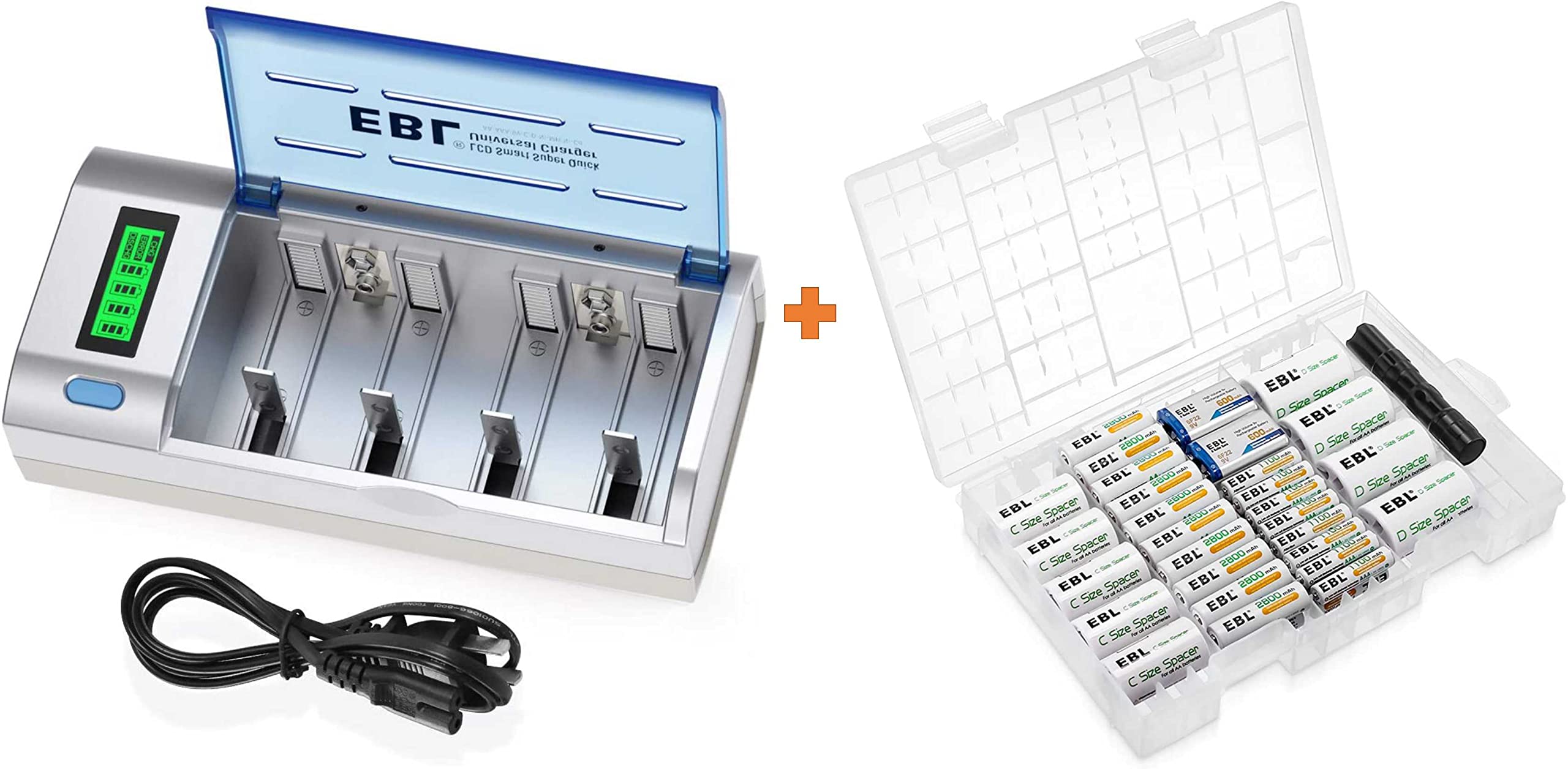 EBL Rechargeable Batteries Kit - 16-Pack AA AAA C D 9V Ni-MH Ni-CD Batteries with Smart Charger & Discharge Function | Perfect for Cameras, Toys, Flashlights & Electronics