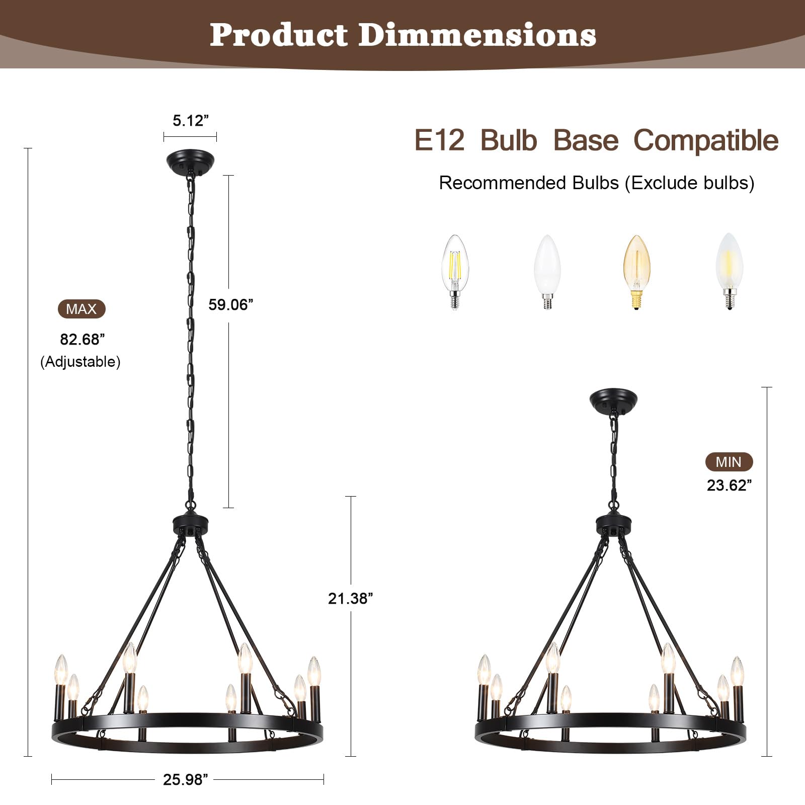 Black Wagon Wheel Chandelier - 8-Light Industrial Pendant Lighting Fixture for Dining Room, Living Room, Foyer & Entryway | Rustic Farmhouse Decor for Home & Restaurant
