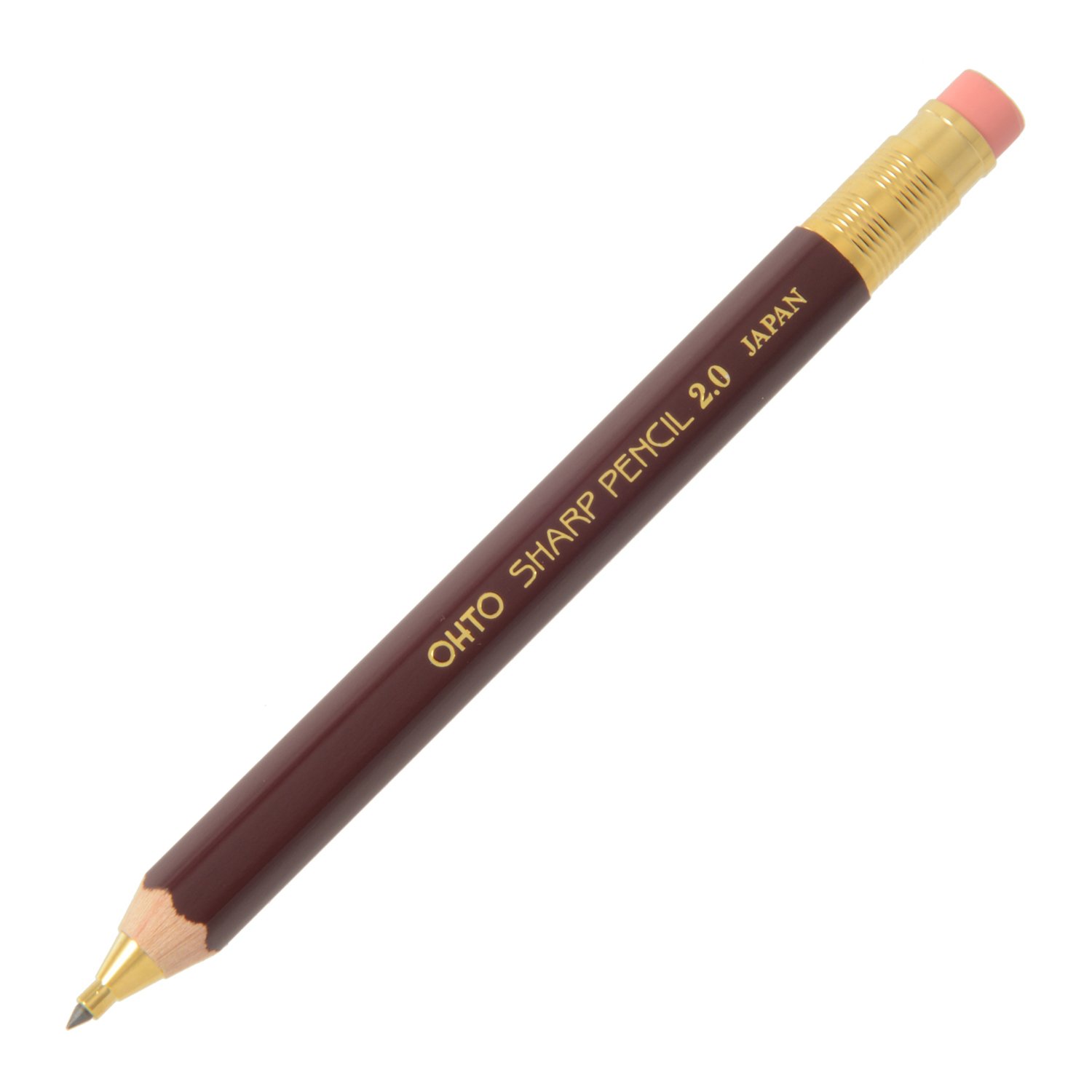 OHTO 2.0mm Mechanical Pencil with Wooden Barrel & Eraser - Burgundy (APS-680E-Enji) for Writing, Sketching & Technical Drawing