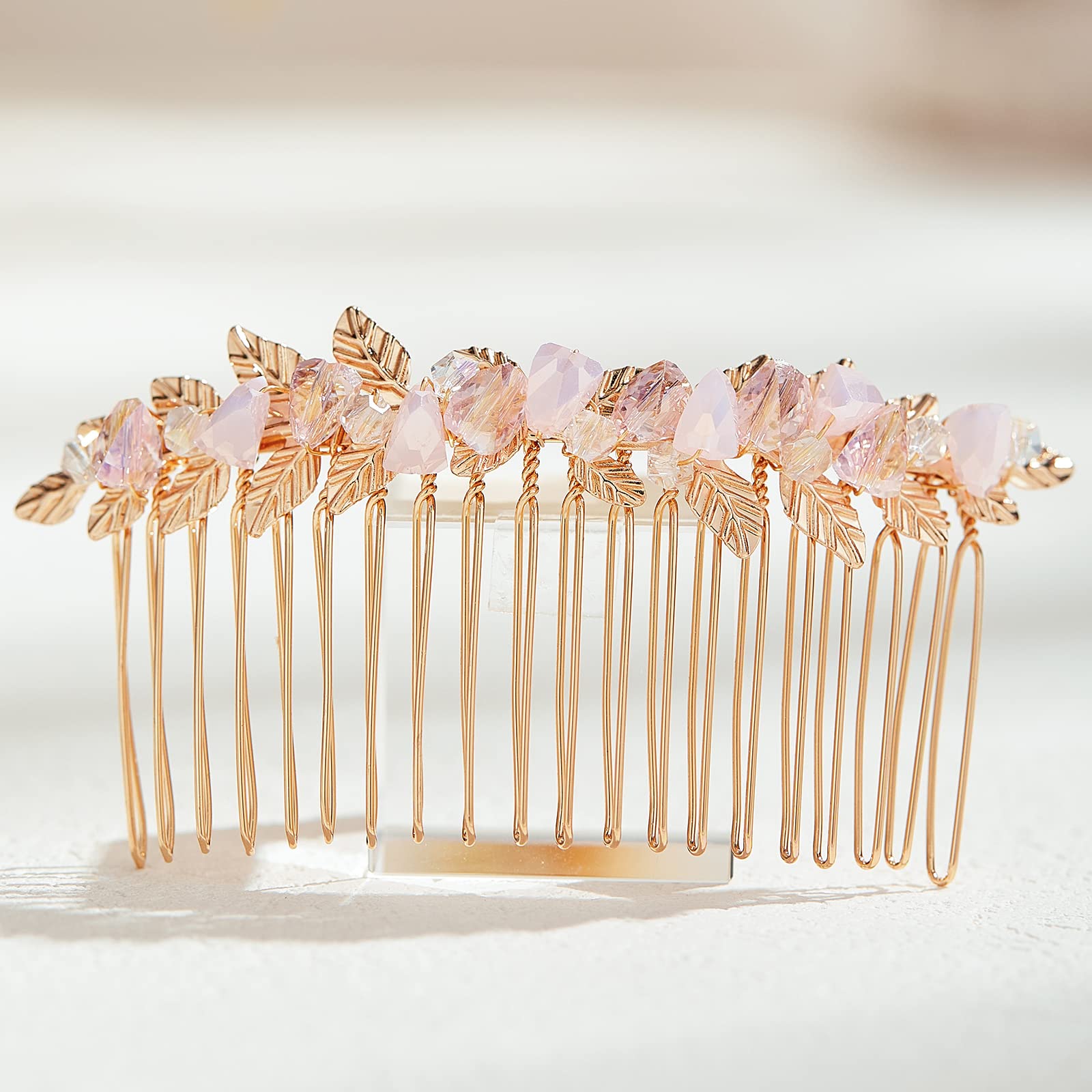 AW BRIDAL Pink Wedding Hair Comb - Gold Bridal Hair Clip for Bride & Bridesmaids | Perfect for Weddings, Prom, Parties & Special Occasions