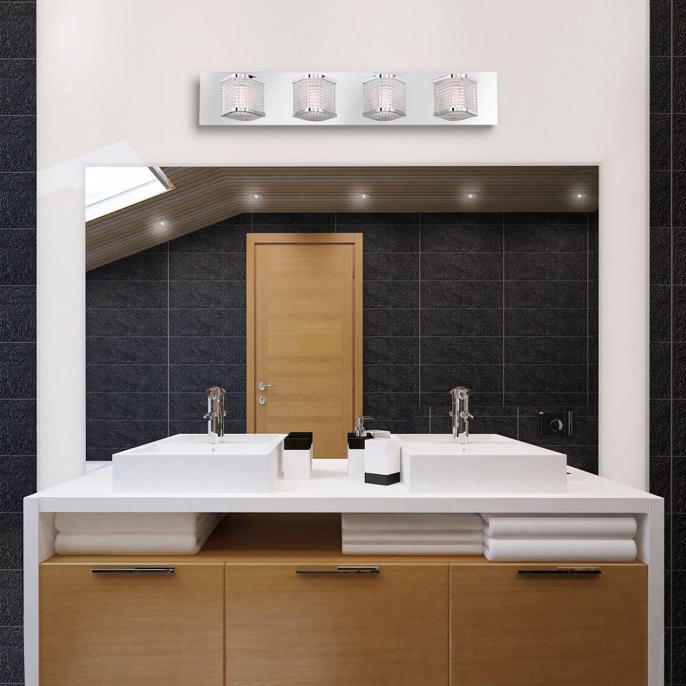 Modern 4-Light LED Bathroom Vanity Light Fixture - 5 x 28 Inches Chrome Finish with Clear Glass Shades - Perfect for Bathroom Mirror Lighting, Powder Room & Master Bath Decor - Model 79-BEL-3109363 by Bailey Street
