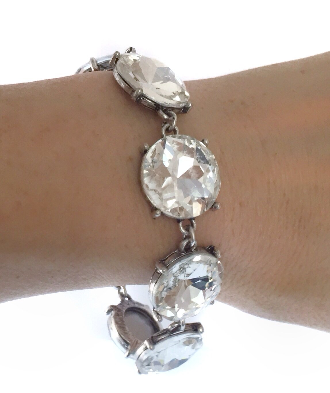 Large Round Clear Rhinestone Bling Bridal Prom Formal Fancy Silver Tone Clasp Bracelet - Elegant Jewelry for Weddings, Parties & Special Occasions