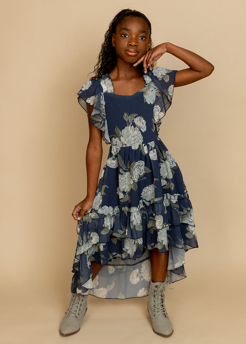 Dimia Women's Floral Print Dress - Navy Blue, Size Large | Elegant Casual Wear for Summer, Parties & Office Outfits