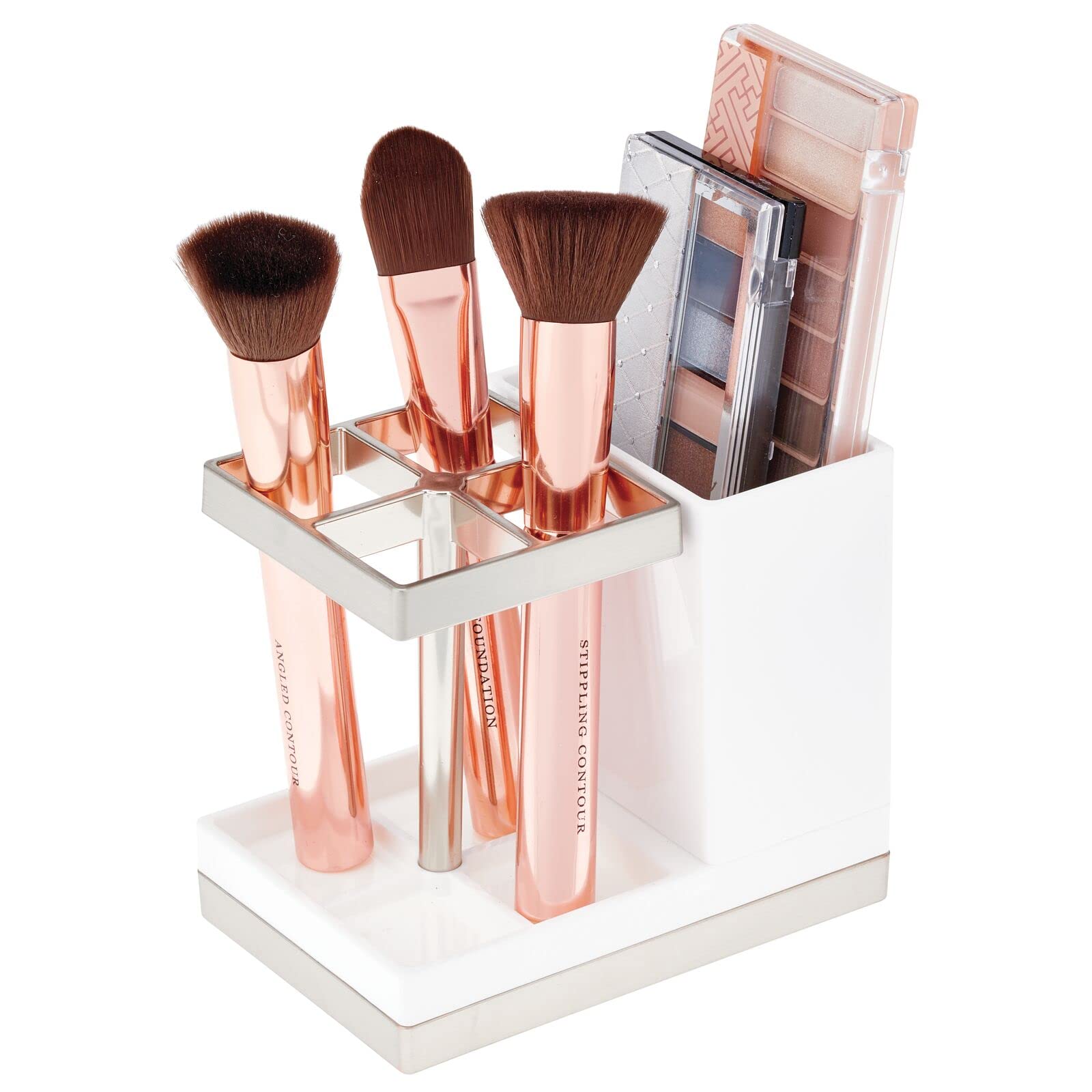 mDesign Plastic Toothbrush & Toothpaste Holder - Bathroom Countertop Organizer for Toothbrushes, Beauty Accessories & Toiletries - Lumiere Collection in White/Brushed - Perfect for Small Spaces, Vanity Organization & Travel Essentials Storage