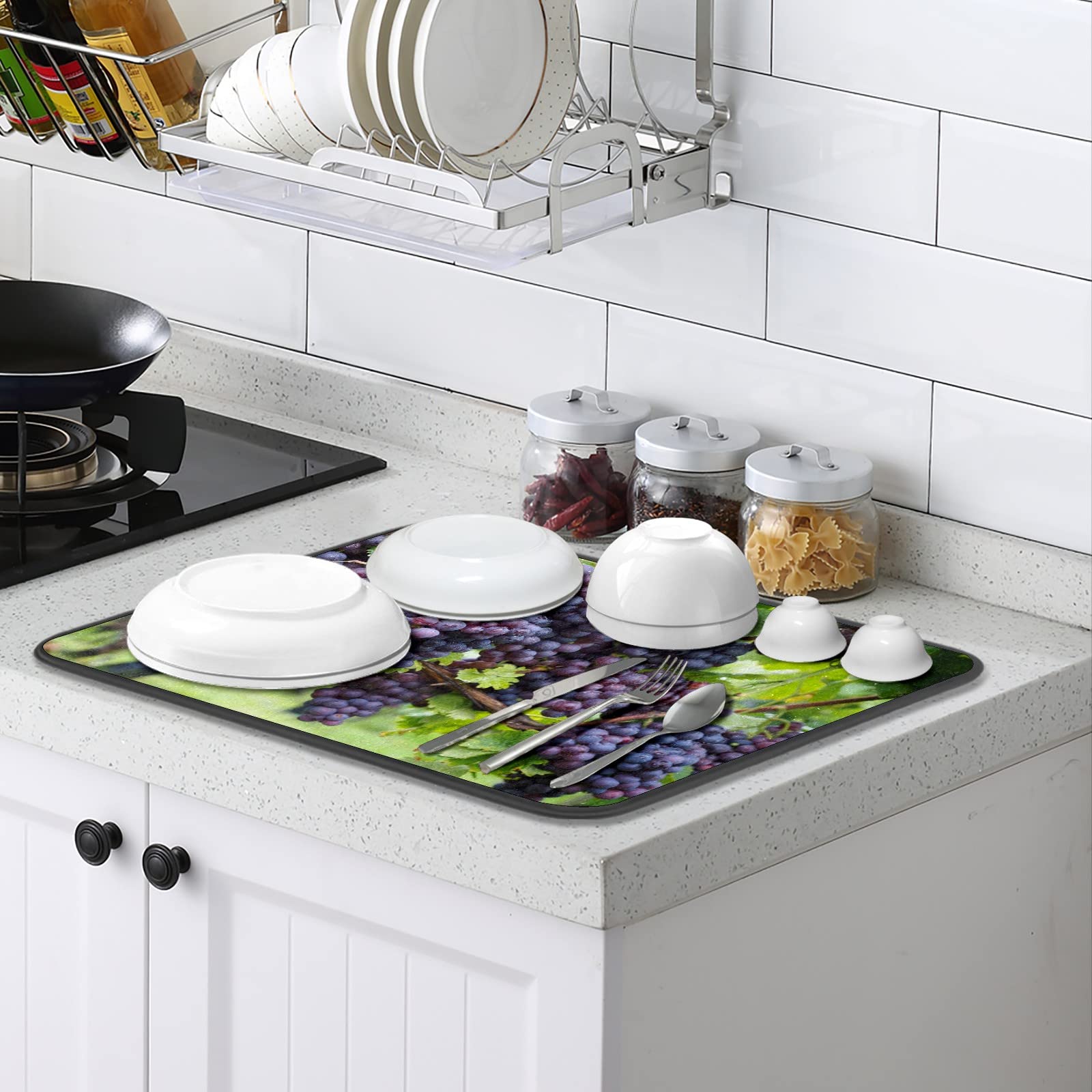 Purple Grapes Dish Drying Mat - Reversible Microfiber Kitchen Counter Mat (18x16in) for Dishes & Fruits
