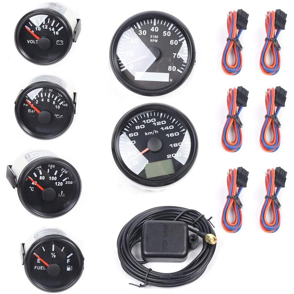 6 Gauge Set - Speedometer, Tachometer, Fuel Level, Oil Pressure, Volt & Water Temp Gauges | Universal Programmable Dashboard Instruments for Cars, Trucks, Boats & Yachts (Black Background) | Perfect for Performance Monitoring & Vehicle Customization