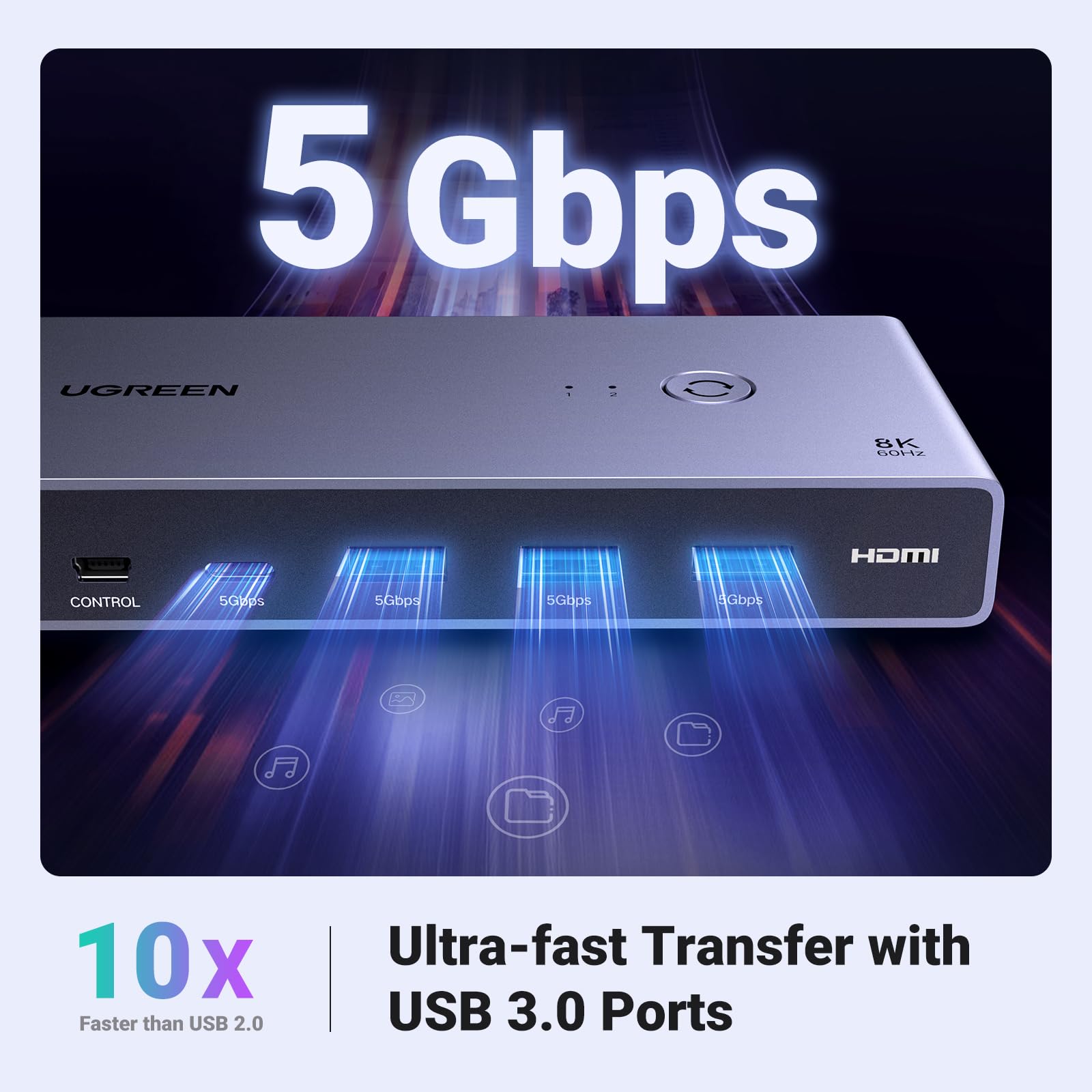 UGREEN 8K HDMI KVM Switch with 4 USB 3.0 Ports (3 USB-A + 1 USB-C) - 2 Computer Sharing for 1 Monitor, Keyboard, Mouse, Hard Drives & Printer - Includes 2 HDMI Cables, 2 USB Cables & Remote Controller - Perfect for Home Office, Gaming Setup & Multi-Device Workspaces