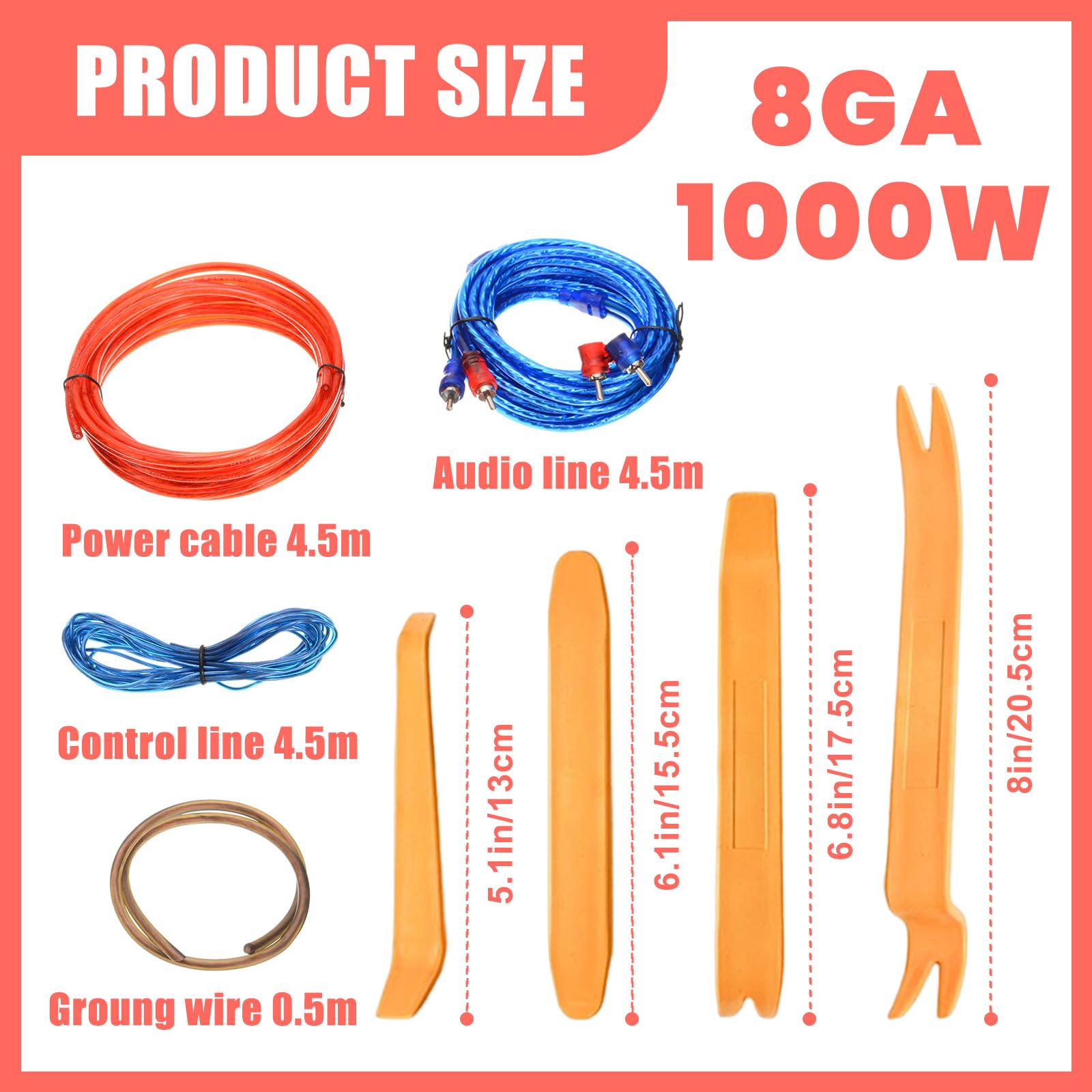 8GA 1000W Car Amplifier Wiring Kit - Power Cable & Audio Wiring for Car Amp - Perfect for Car Audio System Upgrades & DIY Installations