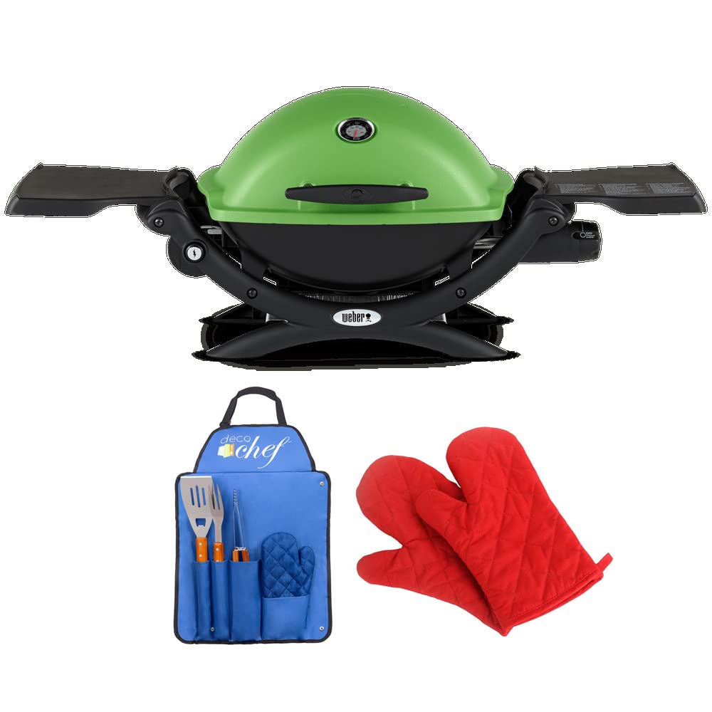 Weber Q1200 Liquid Propane Portable Grill - Green | Includes 3-Piece BBQ Tool Set (Spatula, Tongs, Fork), Custom Blue Apron & Red Oven Mitts | Perfect for Outdoor Cooking, Camping, Backyard Parties & Tailgating