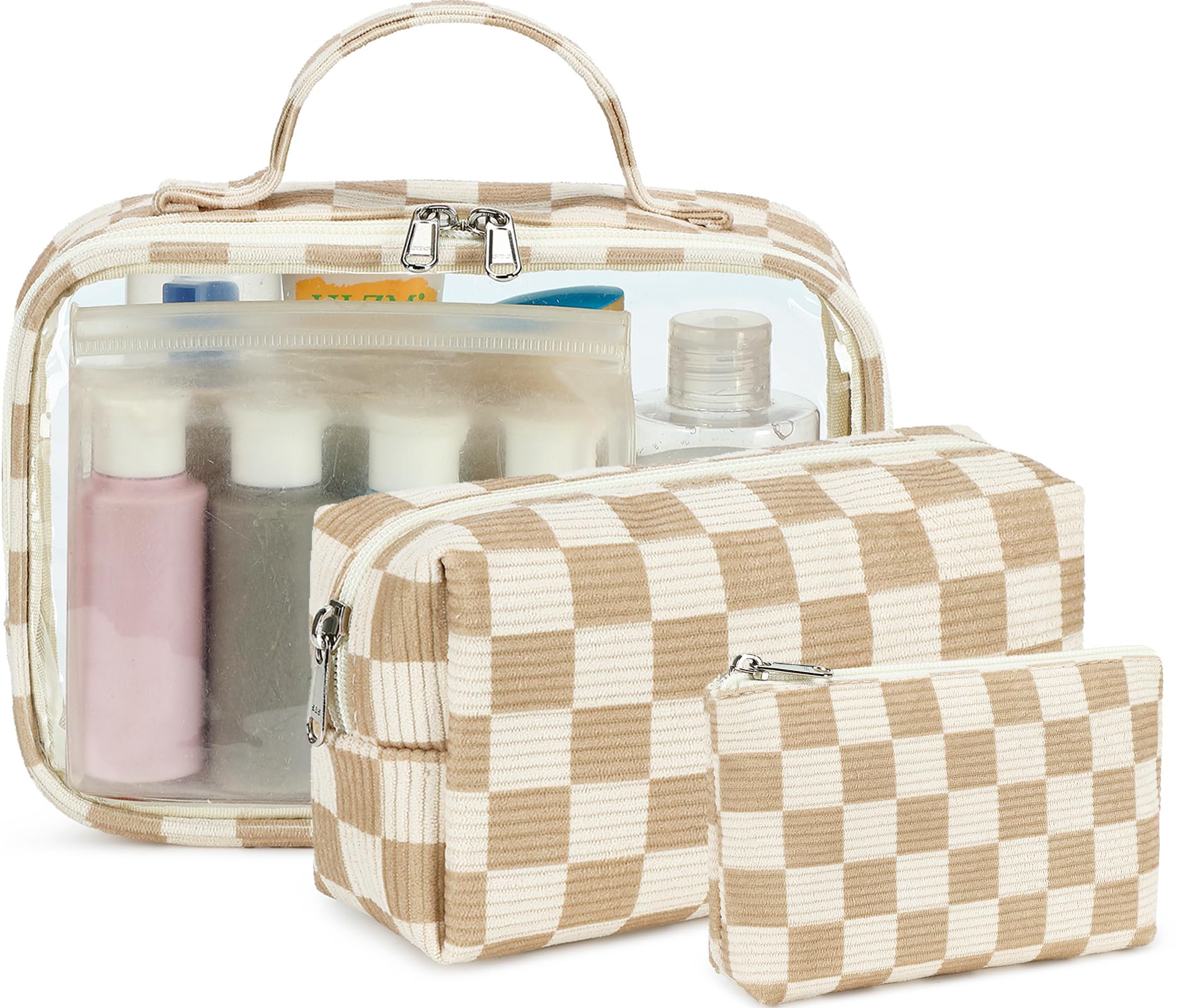 Bluboon 3-Piece Clear Makeup Toiletry Bag Set for Women - Waterproof Travel Cosmetic Organizer with Zipper, Corduroy Checkered Design - Perfect for Airplane Carry-on, Gym Essentials & Vacation Packing Cubes