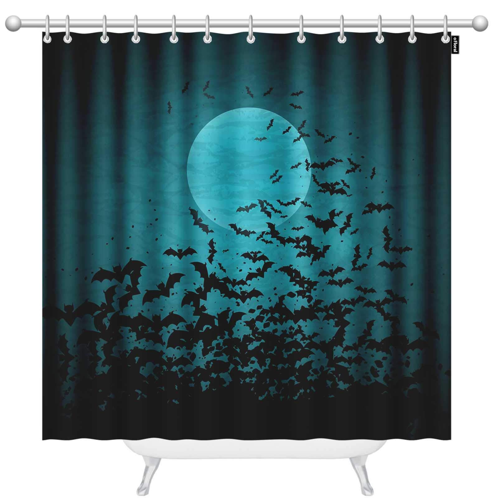 Floral Bat and Full Moon Halloween Shower Curtain Set - 72 x 78 Inch Gothic Bathroom Decor with 12 Hooks - Spooky Bathtub Accessories for Halloween Party, Haunted House, and Gothic Home Decor