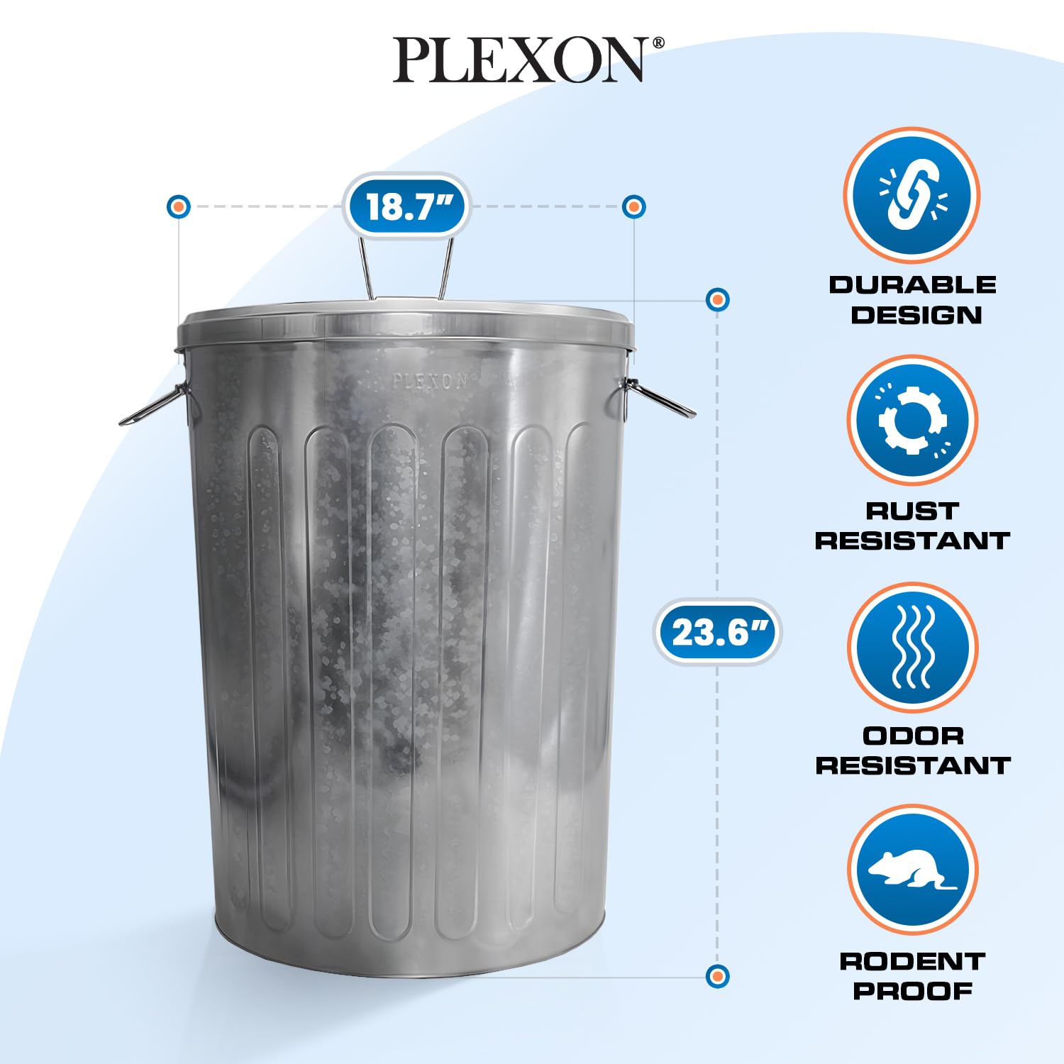 Plexon 20 Gallon Outdoor Metal Trash Can with Lid - Durable Galvanized Steel Garbage Bin for Patio, Yard & Garden Waste Disposal