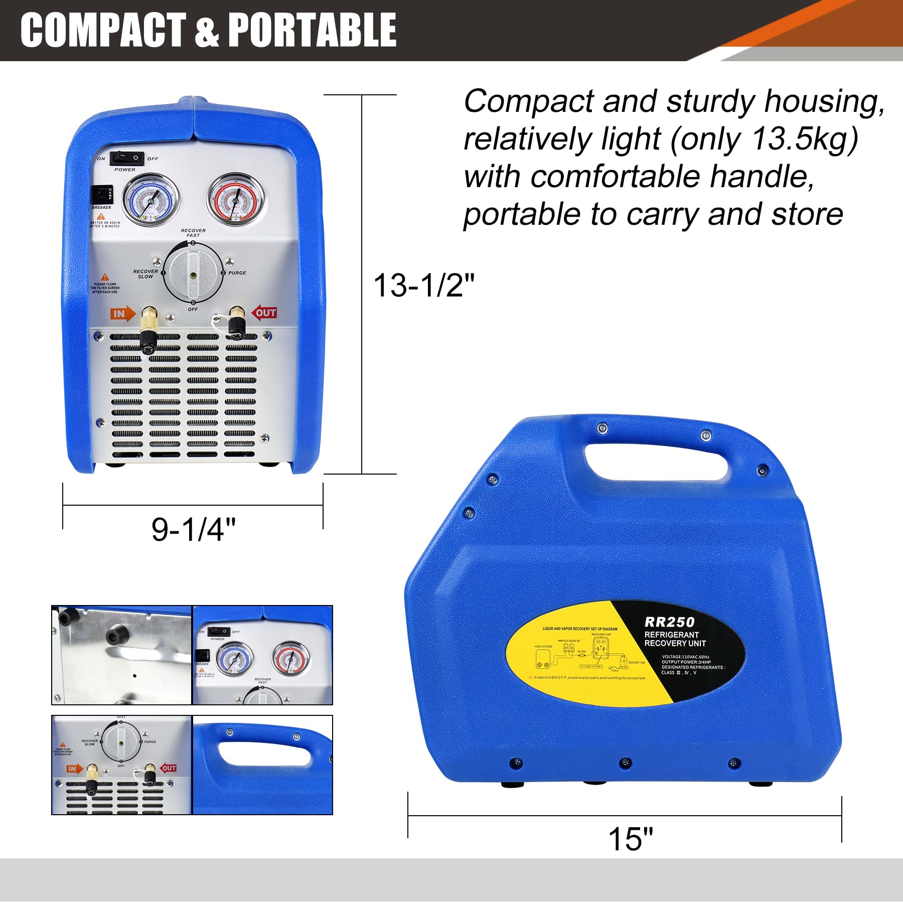 JIFETOR Portable AC Refrigerant Recovery Machine - 3/4HP Oil-Free Compressor for Recycling Liquid & Vapor Refrigerant | Automotive AC & HVAC System Maintenance Tool | Ideal for Car Repair Shops & Home HVAC Service