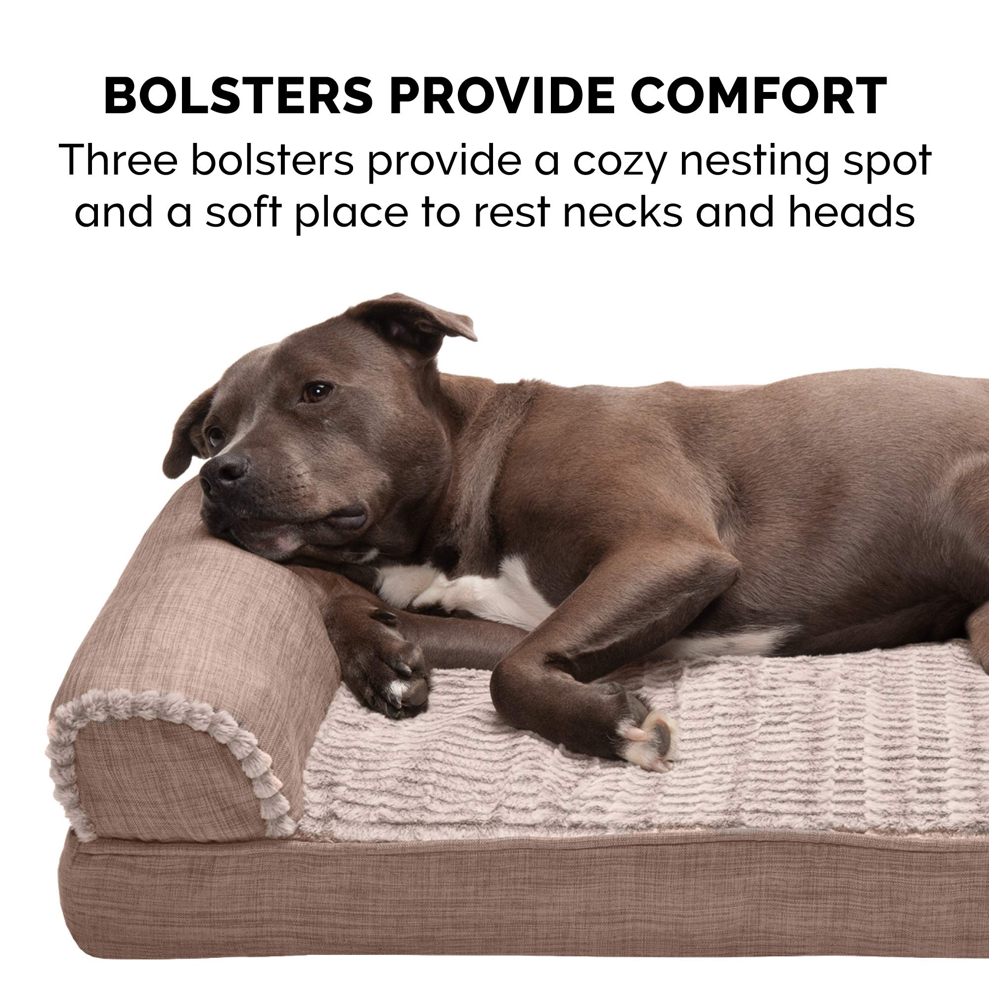 **Furhaven Orthopedic Dog Bed for Large Dogs - XXL Washable Sofa Bed with Removable Bolsters & Luxe Faux Fur Cover - Supports Up to 125 lbs - Woodsmoke Color - Perfect for Living Room, Bedroom & Pet-Friendly Spaces**
