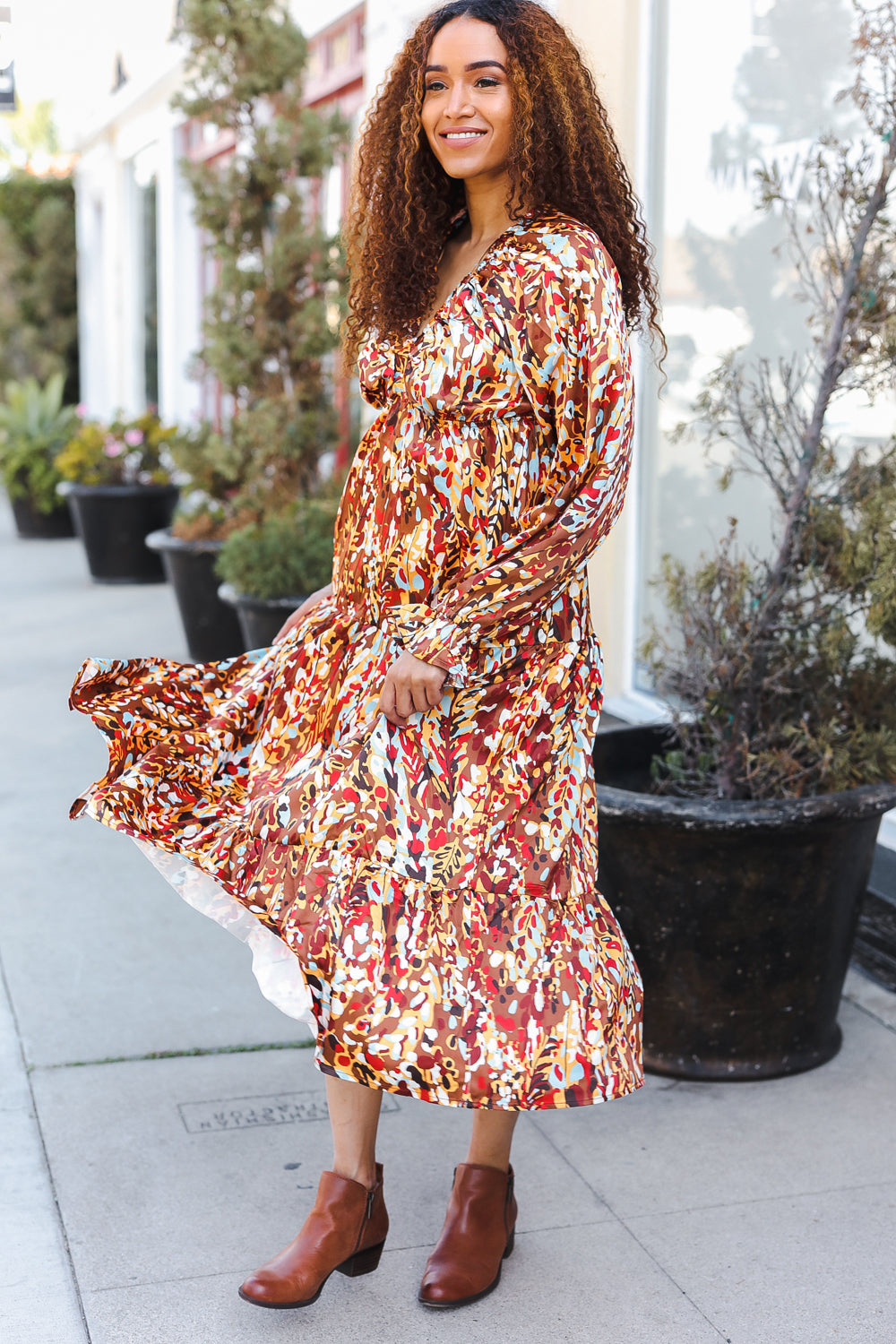 Feeling Femme Mocha Floral Print V-Neck Satin Maxi Dress for Women | Elegant Evening Gown for Weddings, Parties & Special Occasions