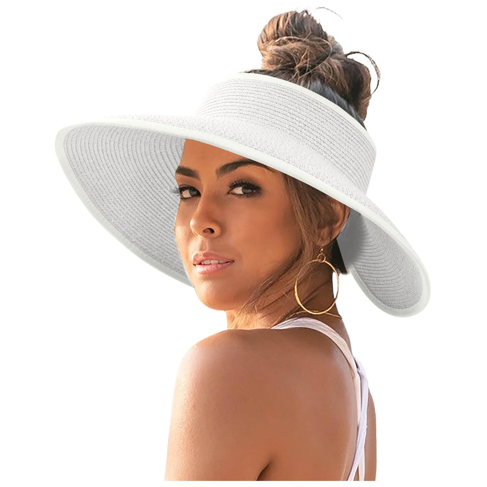 Women's Wide Brim Straw Sun Visor Hat - Roll-Up Ponytail Design, Packable & Foldable for Summer Beach, Travel & Outdoor Activities | UV Protection Sun Hat for Hiking, Gardening, Vacations