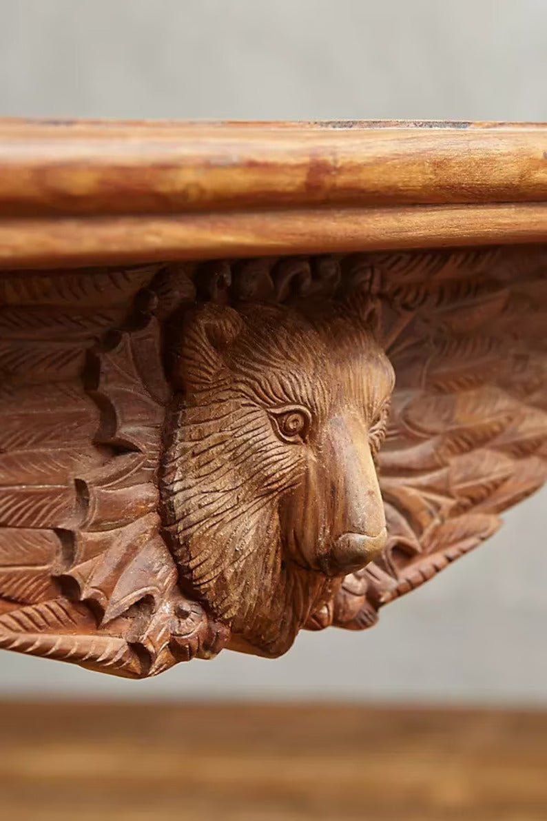 Hand Carved Brown Wooden Menagerie Dining Table Set - Rustic Farmhouse Style for Family Gatherings & Dinner Parties