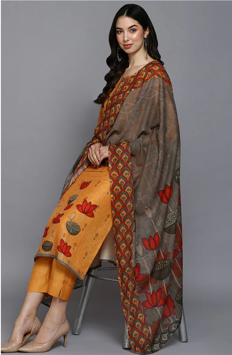 Stylish Orange Silk Blend Ethnic Motifs Straight Kurta Set for Women | Traditional Indian Outfit for Festivals, Weddings & Special Occasions