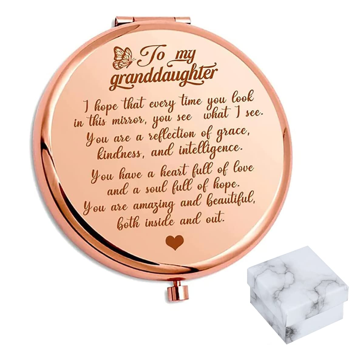 You're Amazing & Beautiful - Stainless Steel Folding Pocket Mirror Gift for Granddaughter | Rose Gold Compact Mirror | Encouragement Present from Grandparents | Perfect for School, Travel & Daily Makeup