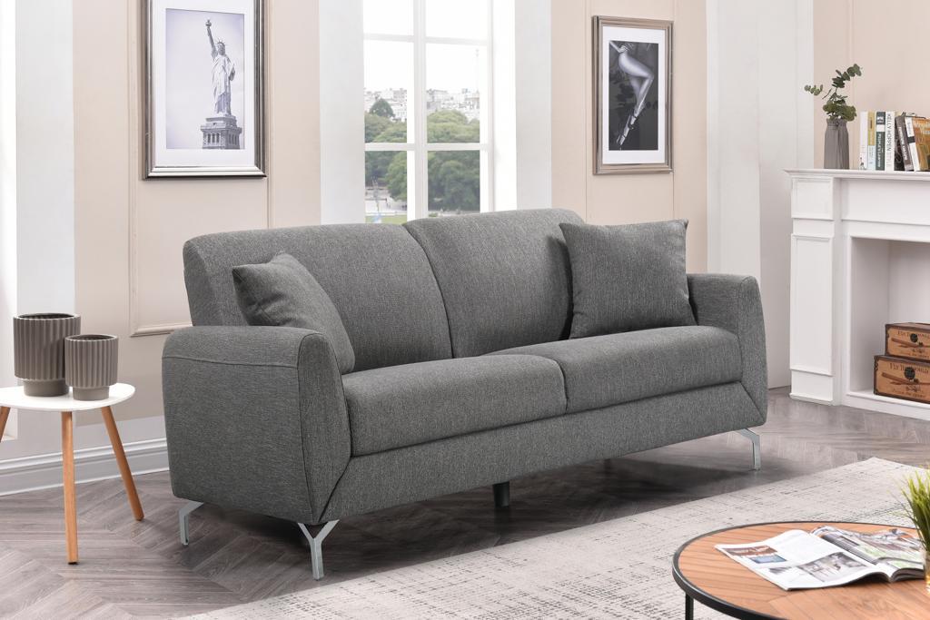 Modern Grey Fabric Sofa with Chrome Metal Accents - Contemporary Living Room Furniture for Small Spaces & Apartments | Perfect for Home, Office & Lounge Areas