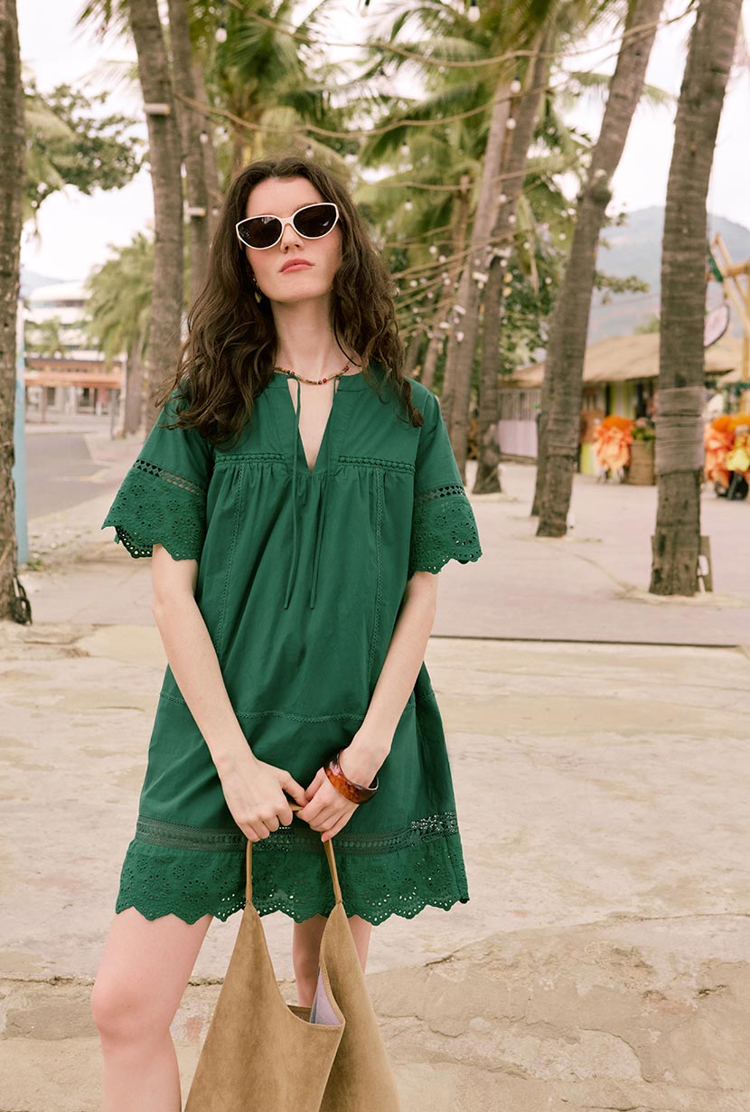 Gwen Cotton Eyelet Dress - Emerald Green Summer Floral Dress for Women | Perfect for Beach, Wedding & Casual Outings