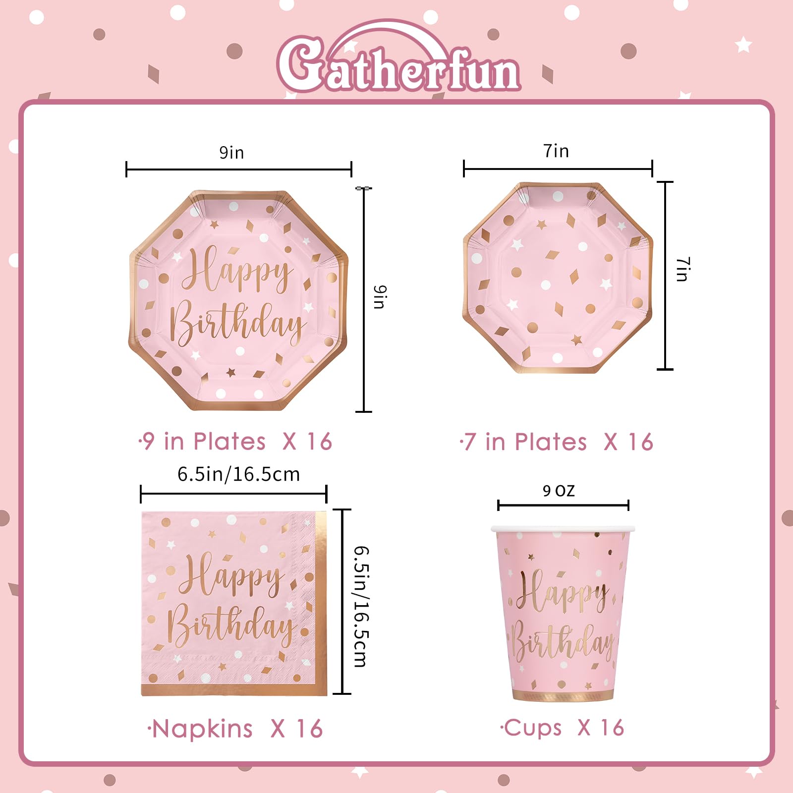 Gatherfun Rose Gold Birthday Party Supplies Set - 16-Pack Disposable Paper Plates, Napkins & Cups for Women's Celebration - Elegant Tableware for Bridal Showers, Baby Showers & Birthday Parties