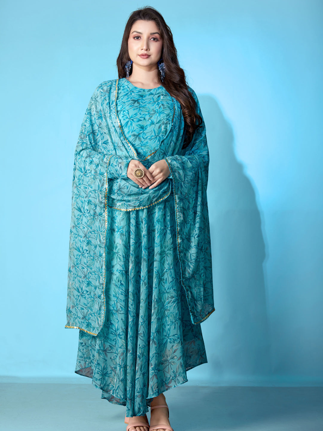 Elegant Blue Designer Gown with Printed Dupatta - Perfect for Weddings, Parties & Special Occasions