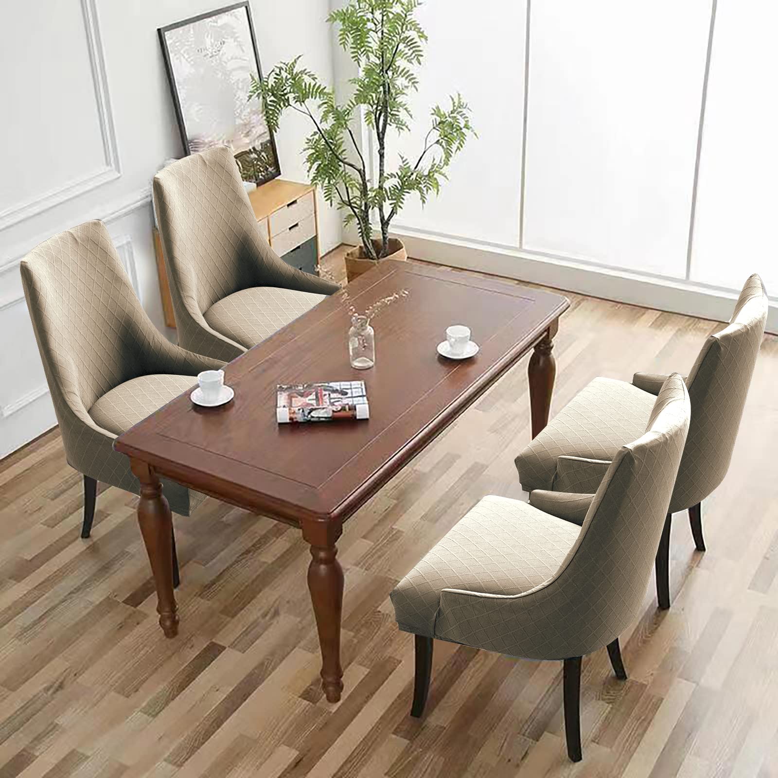 Stretch Rhombic Geometric Wingback Chair Slipcovers - Reusable & Washable Dining Chair Protectors for Living Room & Dining Room (Taupe, Set of 2) | Perfect for Home Decor, Parties & Daily Use