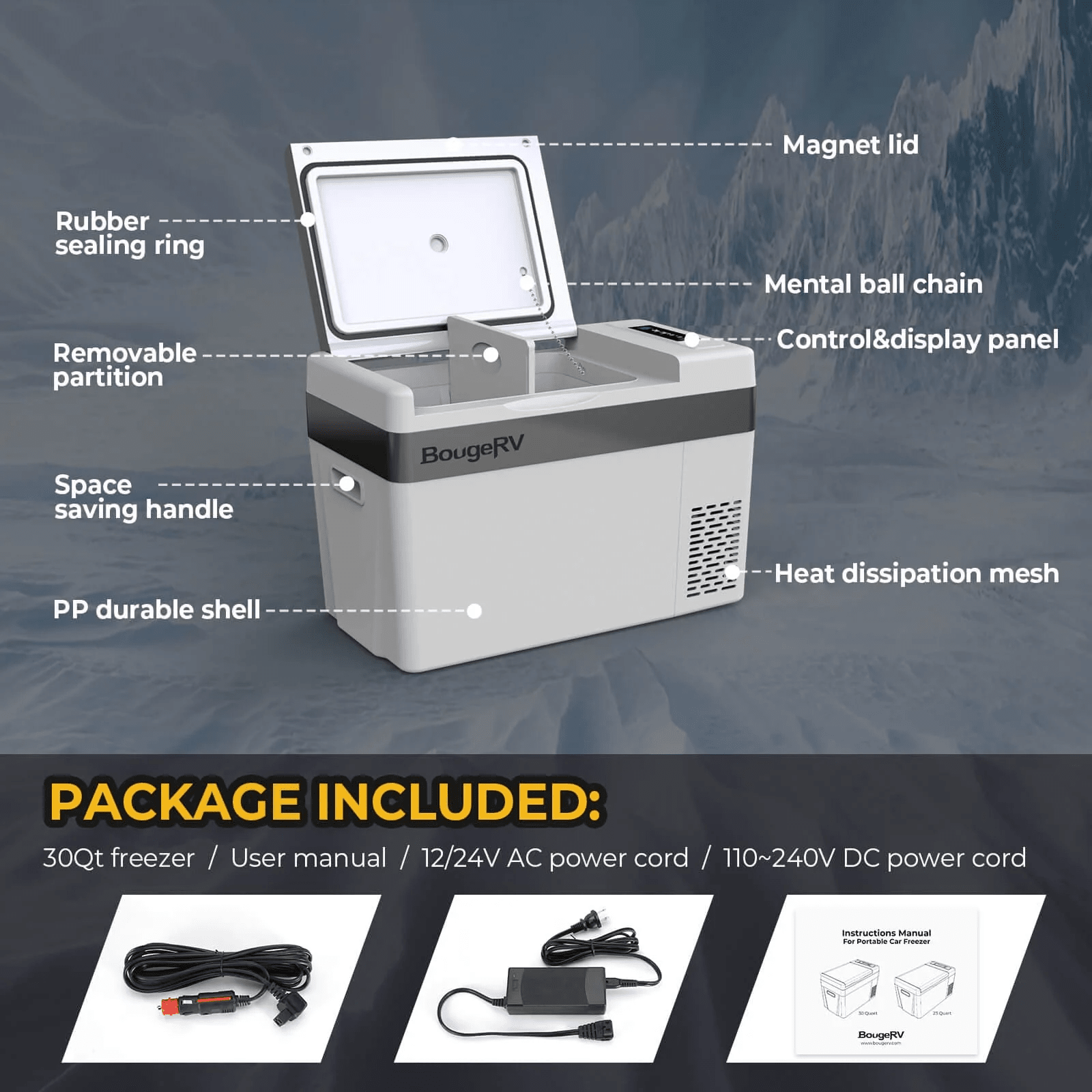 BougeRV 12V 30 Quart (28L) Portable Car Refrigerator - Compact Freezer for Camping, Road Trips & RV Travel