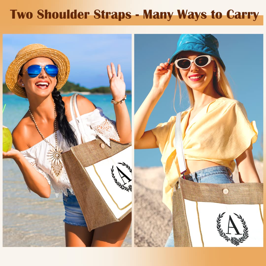 Personalized Initial Jute Tote Bag for Women - Reusable Grocery Bag with Zipper Pocket & Adjustable Strap - Great Birthday Gift for Coworkers, Teachers, Hostess & Bridal Shower (Letter H) - Perfect for Shopping, Beach Trips & Daily Commute