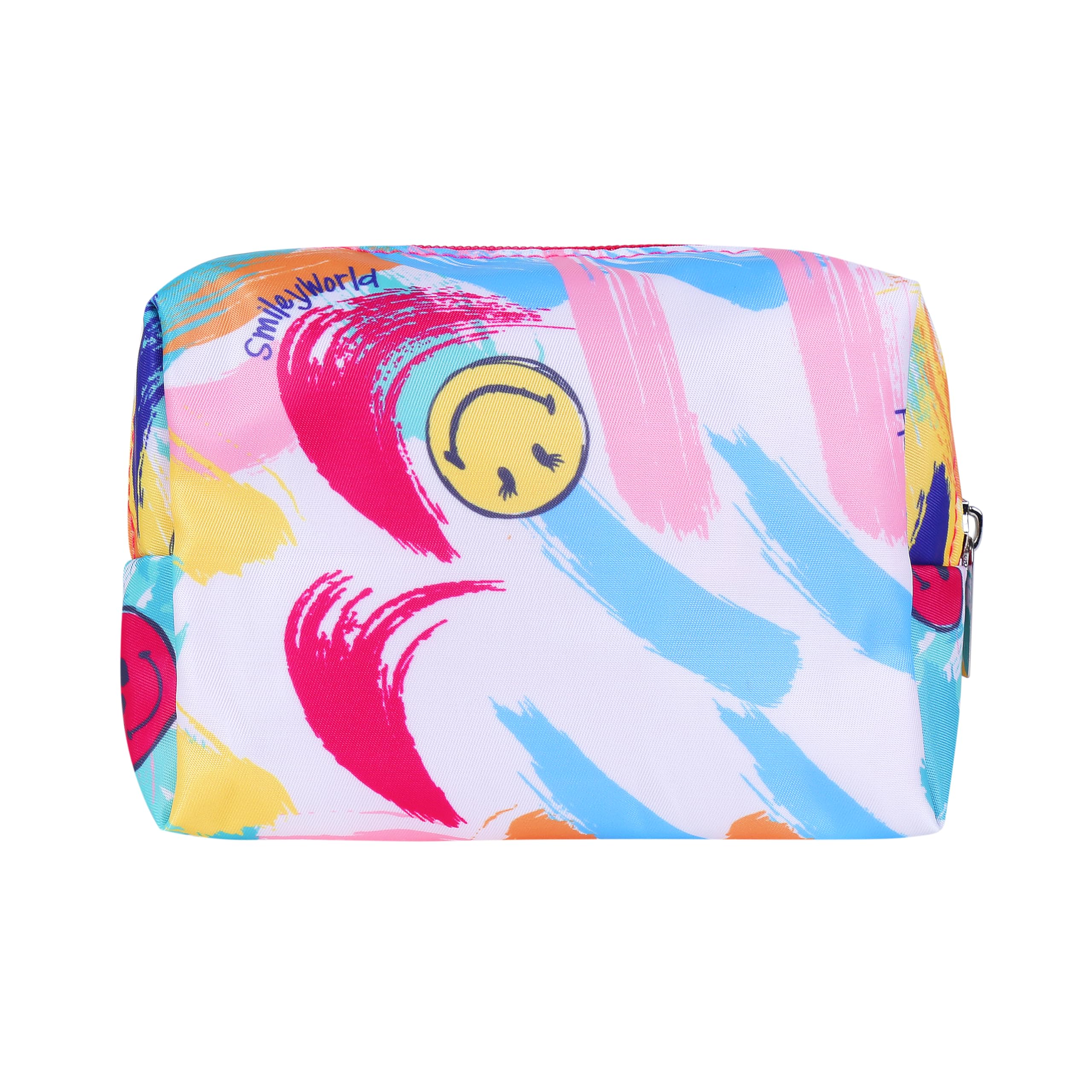 MINISO SmileyWorld Travel Makeup Pouch for Women & Girls - Waterproof Cosmetic Organizer Bag, Small Toiletry Bag for Travel Accessories (15x7x10cm, Blue) - Perfect for Vacation, Gym & Daily Essentials Storage