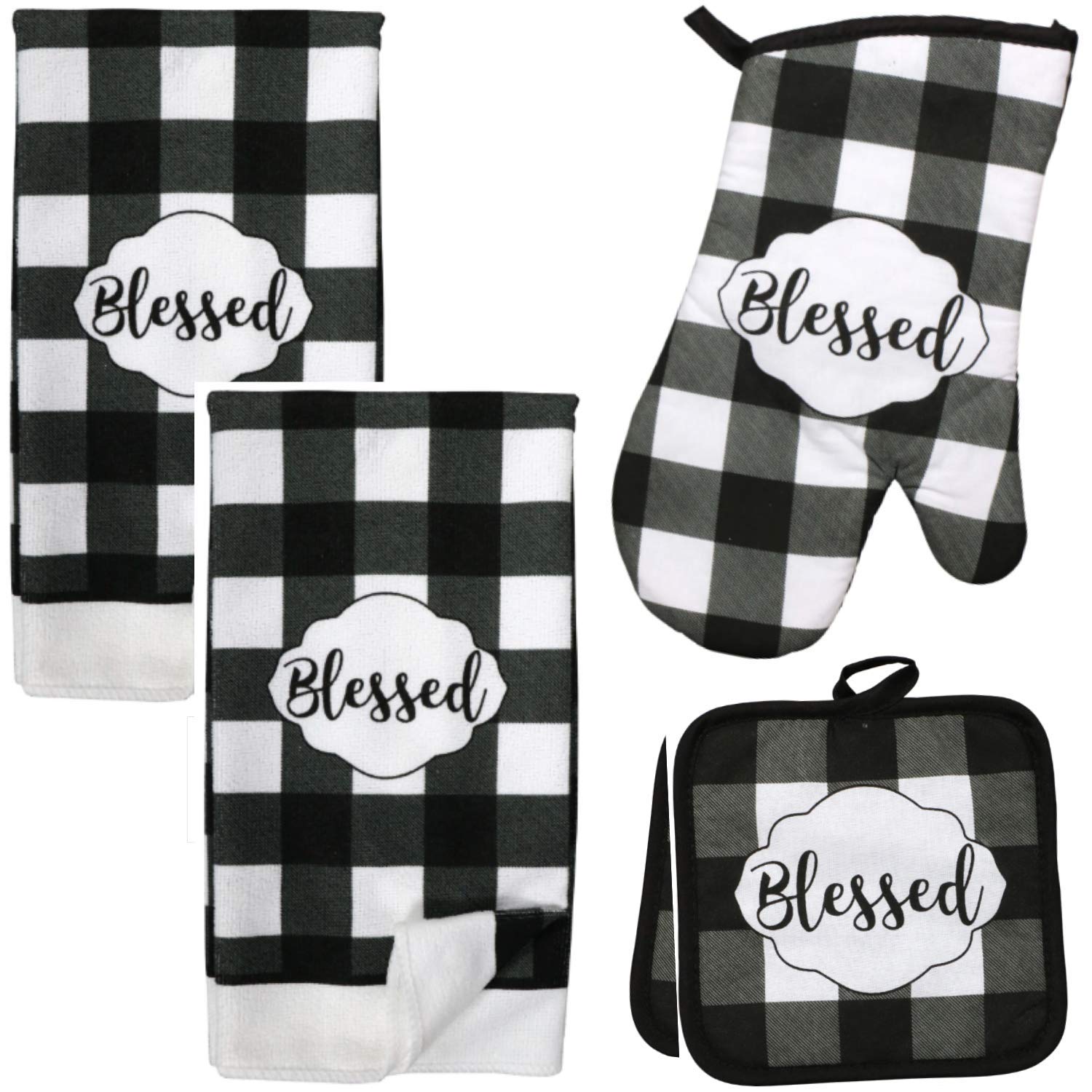 Buffalo Check Kitchen Towel Set (5-Piece) - Classic Black and White Dish Towels, Oven Mitt & Pot Holders - Farmhouse Kitchen Decor for Cooking, Baking & Holiday Gifting