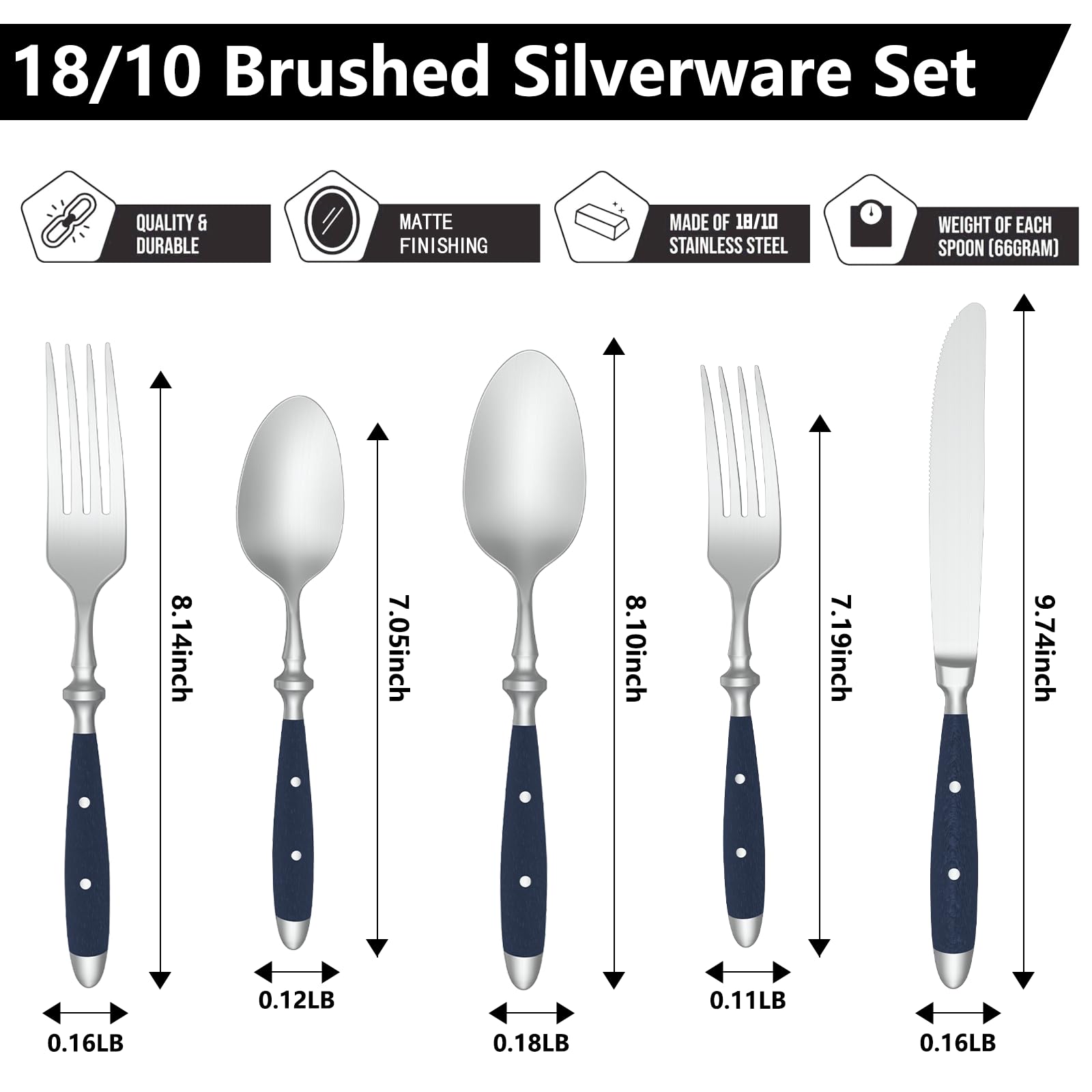 18/10 Stainless Steel 20-Piece Silverware Flatware Set with Brushed Finish & Navy Blue POM Handles - Dishwasher Safe, Service for 4 - Elegant Cutlery Set for Home, Restaurant & Everyday Dining