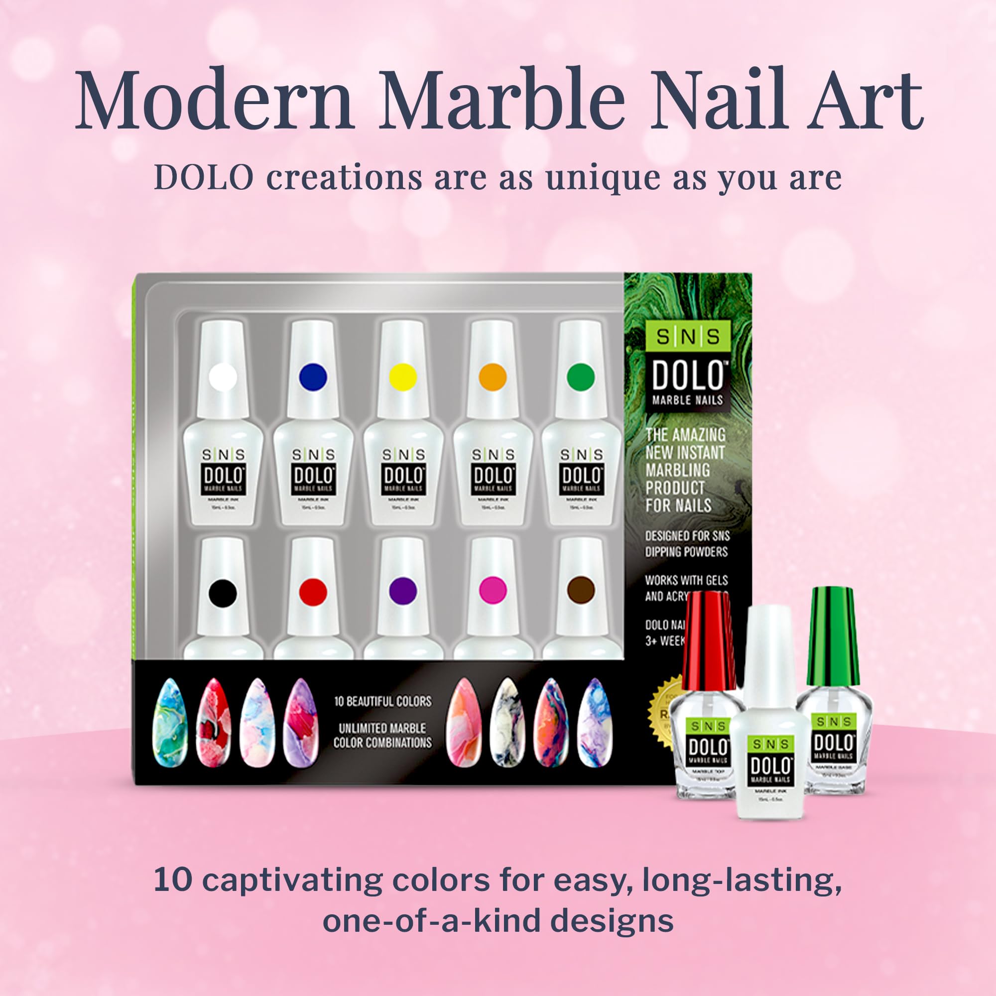 SNS DOLO Marble Nail Art Kit - 10 Vibrant Dipping Powder Colors with Base & Top Coat for Professional & DIY Manicures | Works with Gel & Acrylic Nails | Perfect for Salon, Home Use & Special Occasions