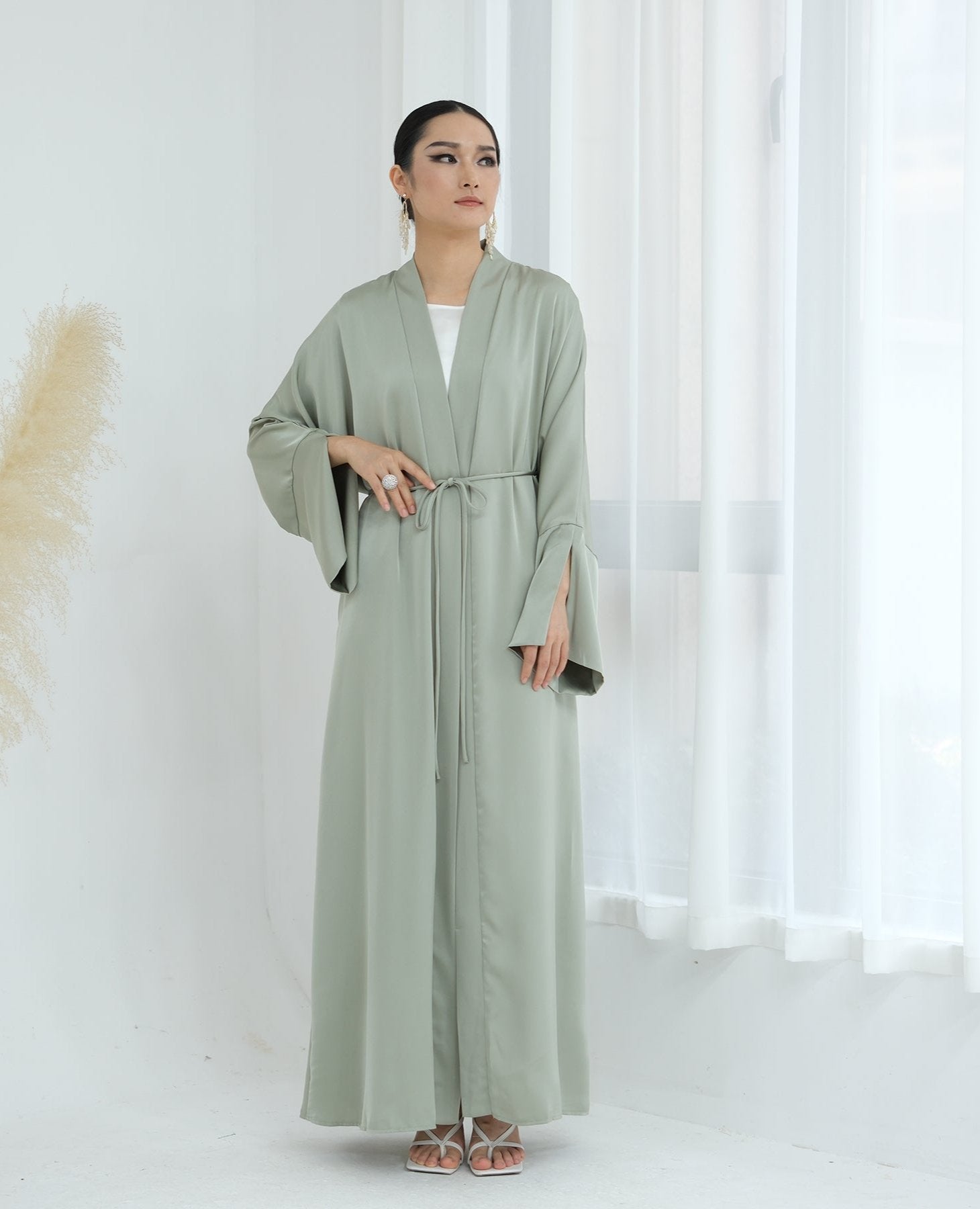 Lavinia Satin Open Abaya for Women - Elegant Long Flowy Prayer Dress - Sage Green Islamic Modest Wear for Mosque, Eid & Special Occasions