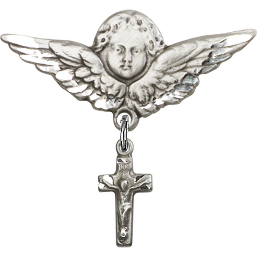 925 Sterling Silver Baby Badge with Cross Crucifix Charm & Angel Wing Pin - 1.125 x 1.125 Inch - Perfect for Christening Gifts, Baby Blessings & Baptism Ceremonies
