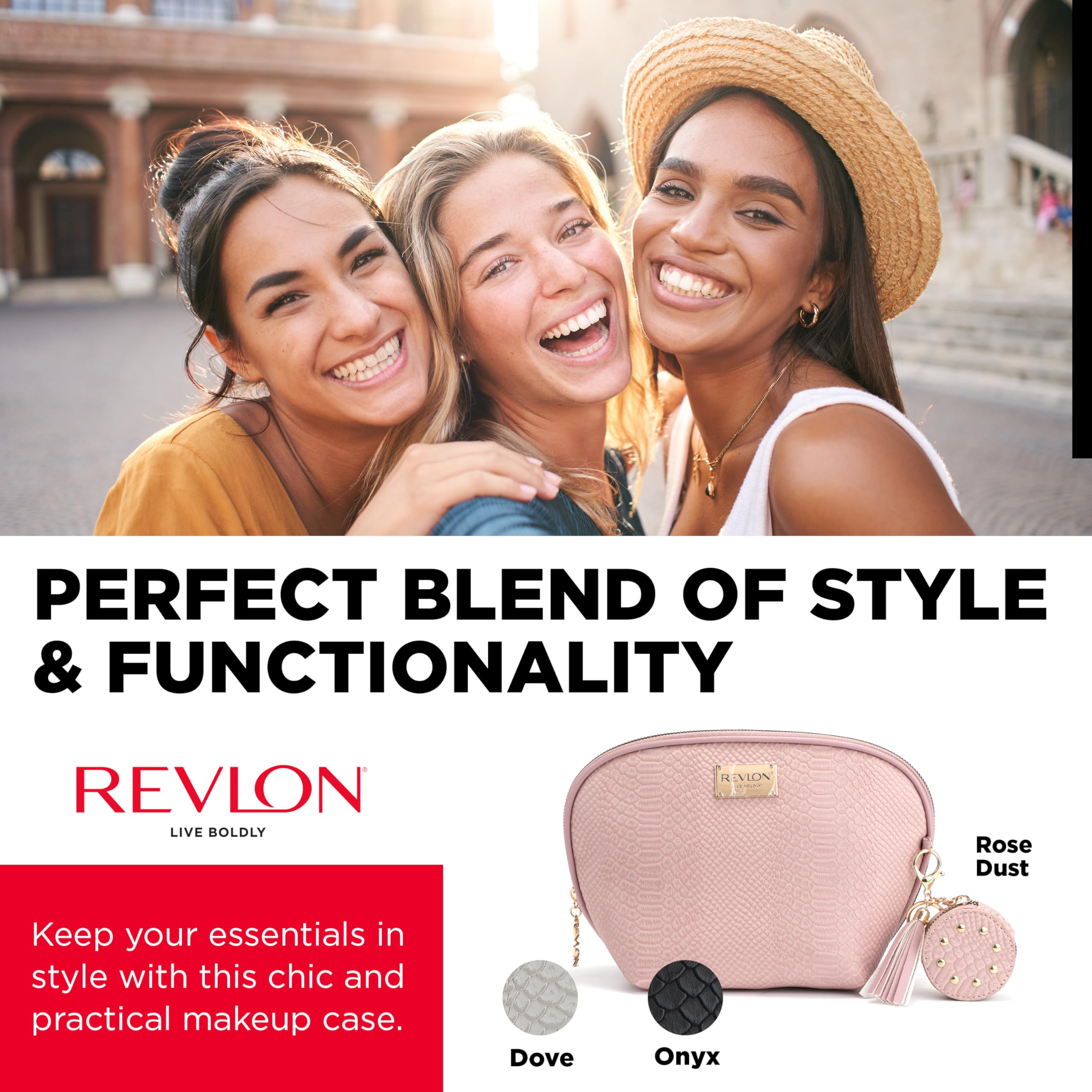 REVLON Croc Embossed Makeup Pouch - Small Travel Cosmetic Bag with Tassel & Mirror Keychain, Mini Makeup Organizer with Pockets - Perfect for Women's Toiletries, Travel Essentials & Teen Girls' Gifts (Rose) | Great for Daily Use, Vacation Trips & Birthday Presents