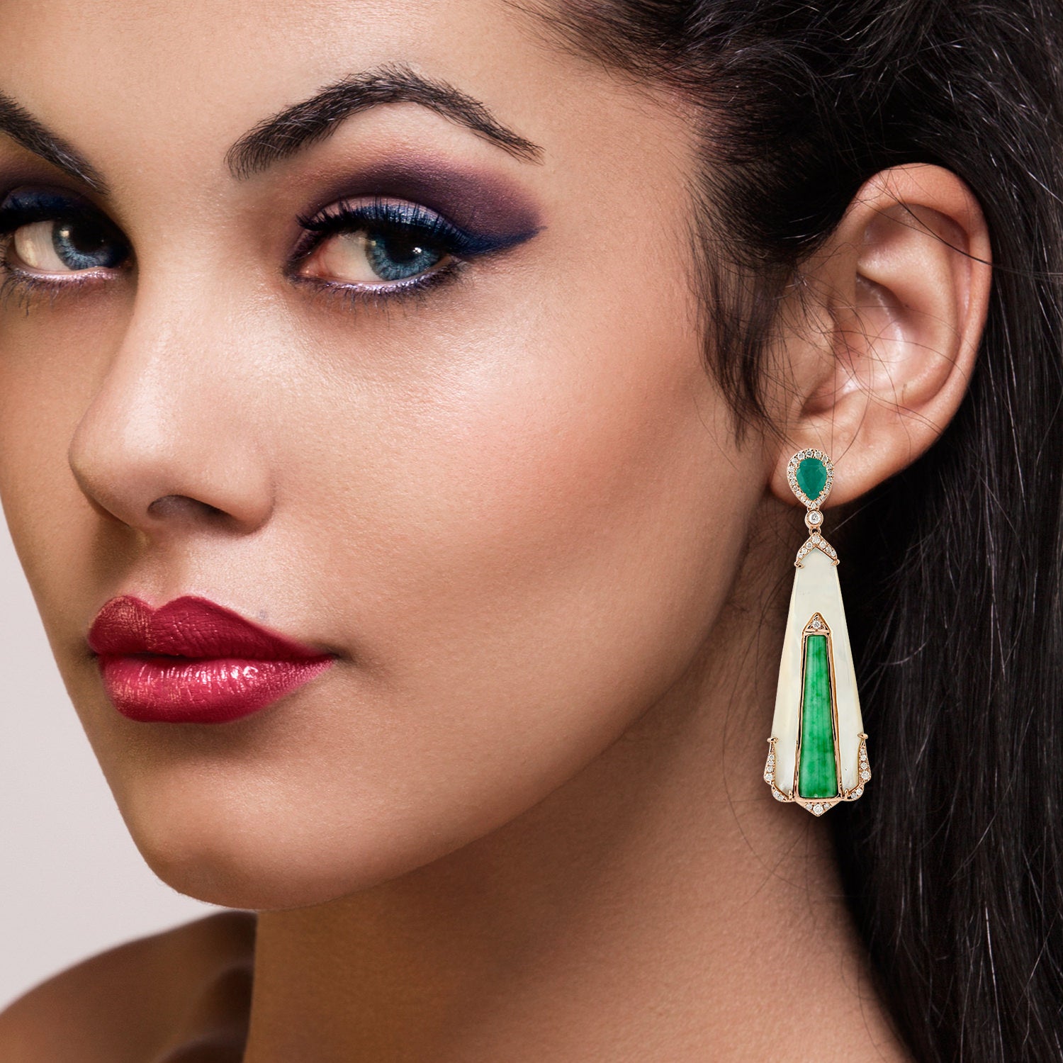 Rose Gold MOP Pear Emerald Jade Pave Diamond Drop Earrings - Elegant Dangle Earrings for Women, Perfect for Weddings, Parties & Special Occasions