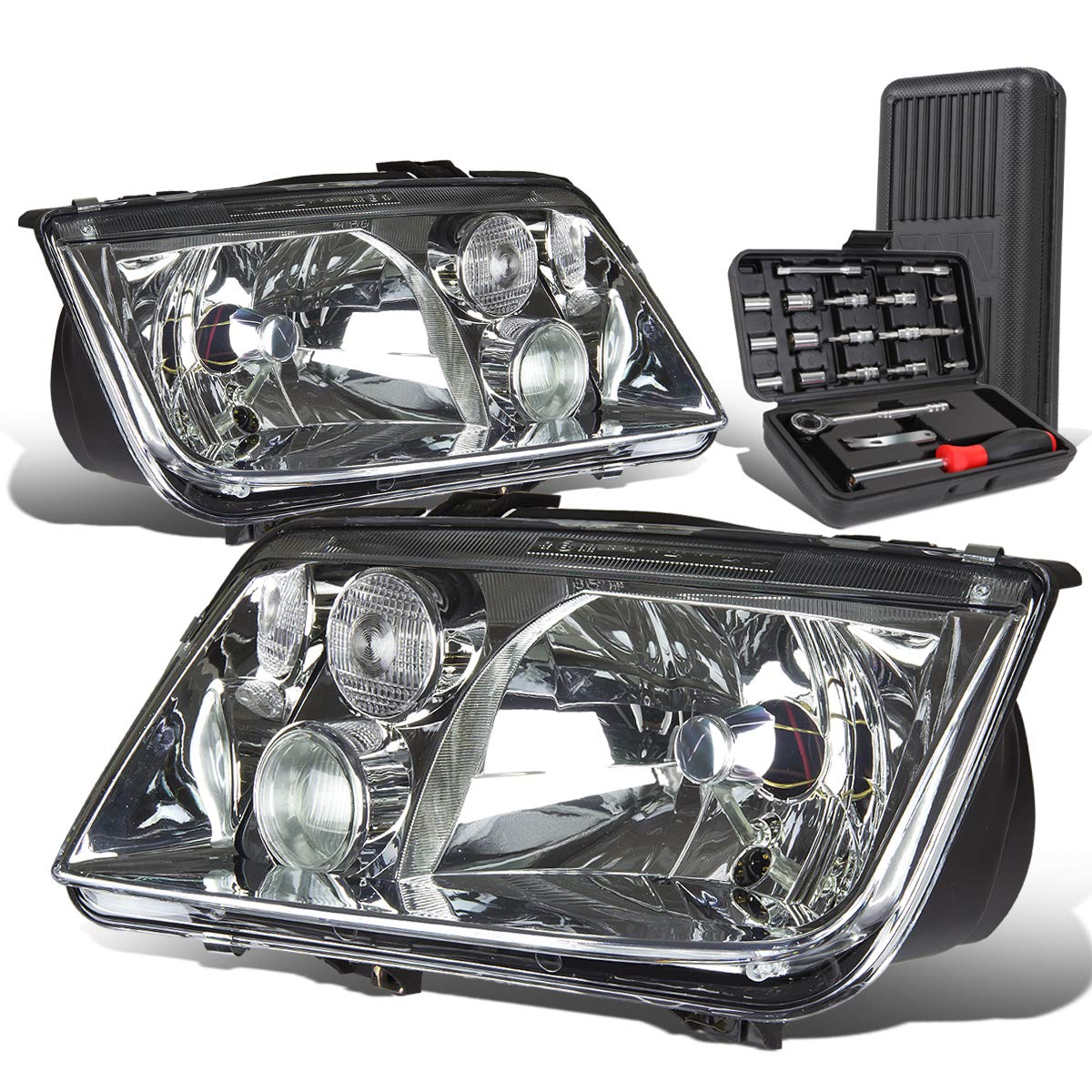 Auto Dynasty E-Code Style Halogen Headlight with Fog Lamp & Tool Kit - Compatible with VW Jetta MK4 1999-2005 (Driver & Passenger Side, Chrome Housing) - Perfect for Night Driving & Car Upgrades