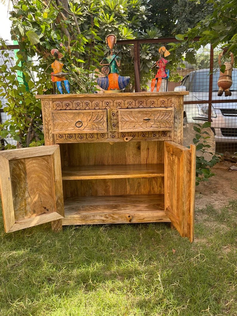 Hand Carved Indian Wooden Sideboard | Small Cabinet for Living Room, Dining Room & Bedroom Storage | Traditional Home Decor
