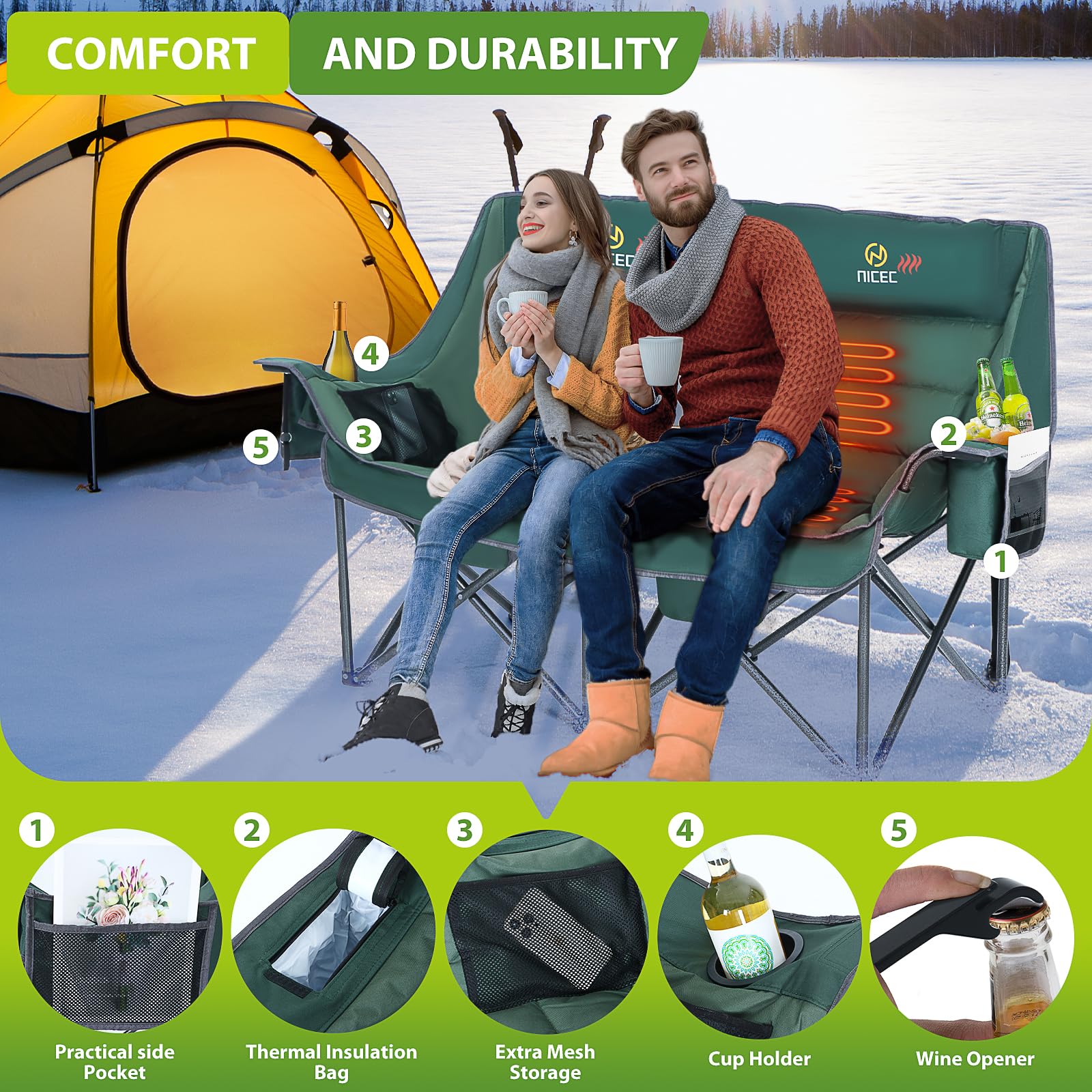 Premium Heated Camping Chair for Adults - Oversized Double Loveseat with Adjustable Heating & Extra Padding - Includes Insulated Cooler Bag - Perfect for Outdoor Camping, Backyard Relaxation & Winter Sports Events