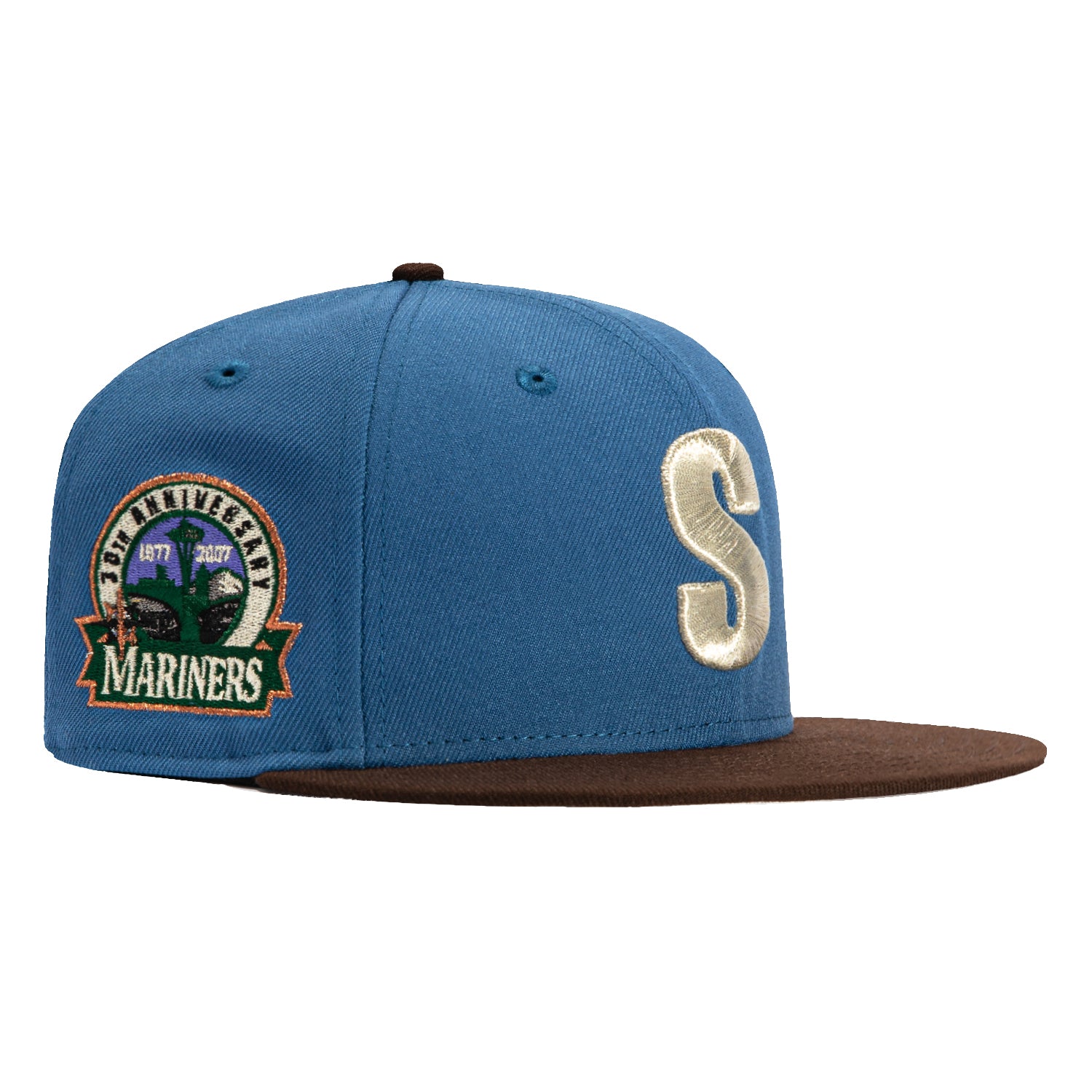 New Era 59Fifty Seattle Steelheads 30th Anniversary Patch Hat - Indigo, Brown & Metallic Silver Snapback Cap for Baseball Fans & Streetwear Fashion
