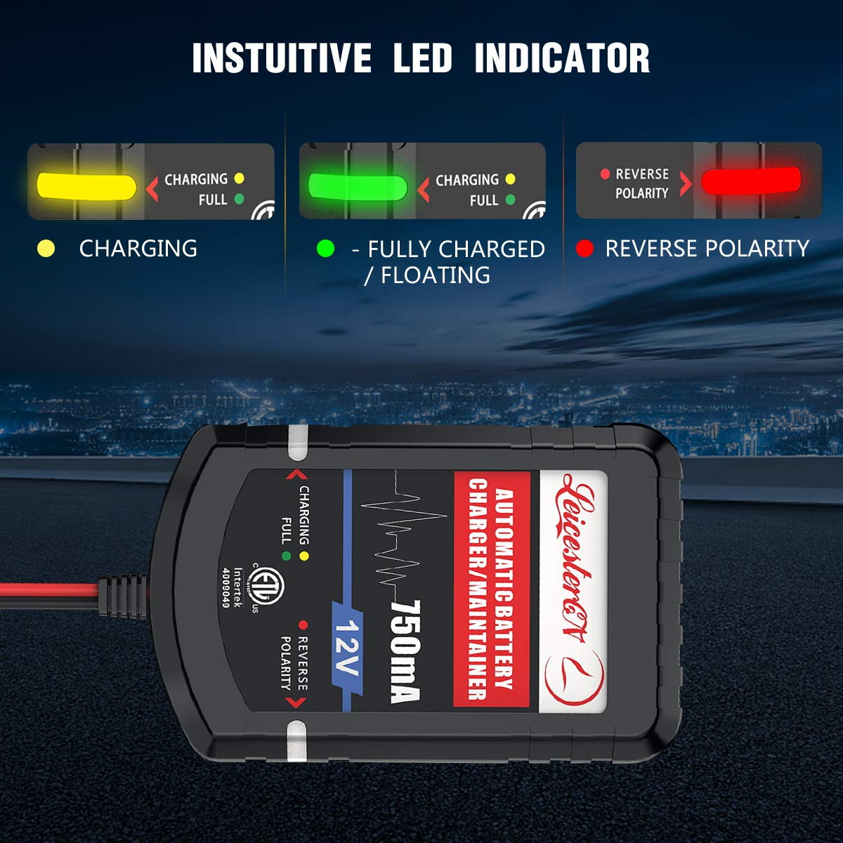 LEICESTERCN 12V 750mA Smart Battery Charger for Car, Motorcycle, Boat - Auto Maintenance & Long Storage