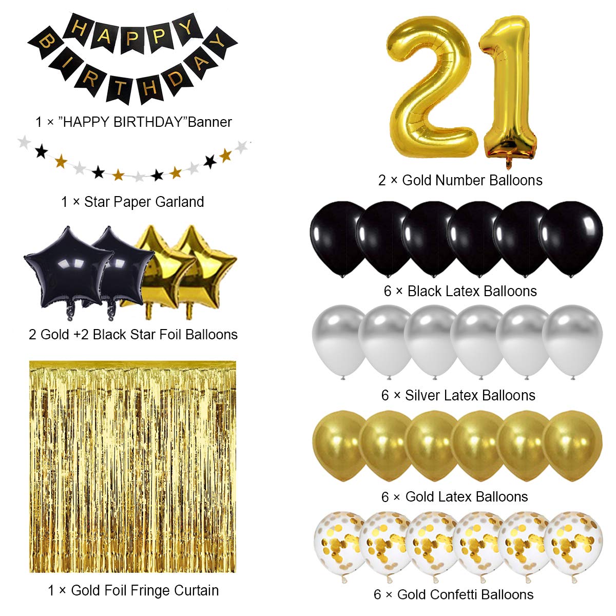 21st Birthday Decorations Set - Black & Gold Happy Birthday Banner, Balloons & Number 21 Balloons for 21 Years Old Party Supplies | Perfect for Milestone Celebrations, Photo Backdrops & Adult Birthday Parties