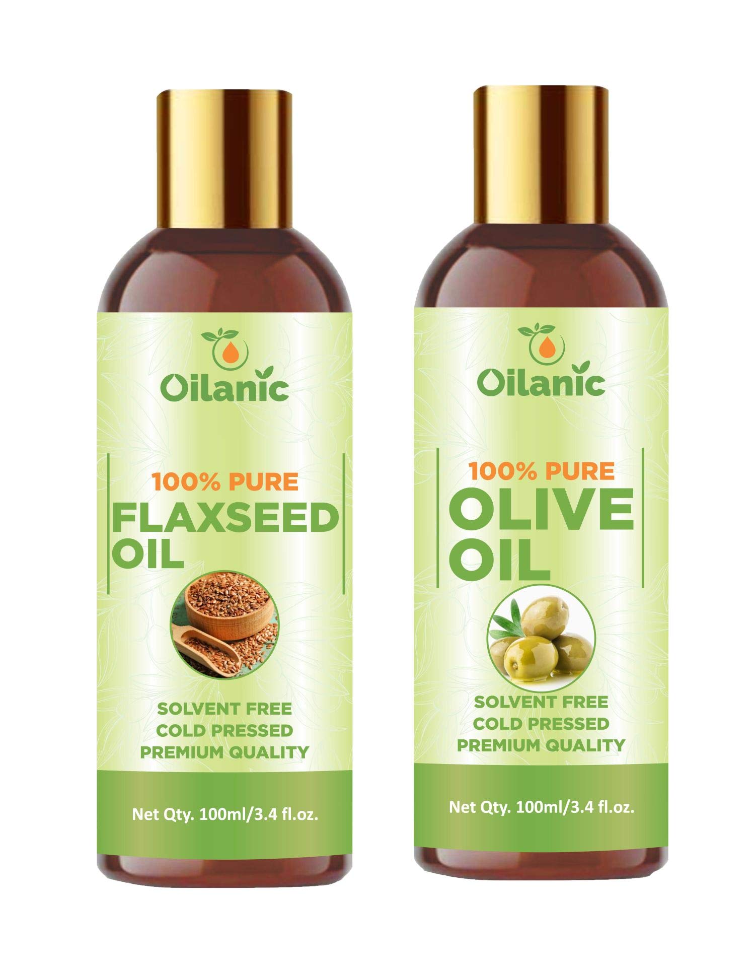Oilanic 100% Pure Natural Flaxseed Oil & Olive Oil Combo Pack - 2 Bottles (200ml Total) - Cold Pressed for Cooking, Salad Dressing & Skin Care