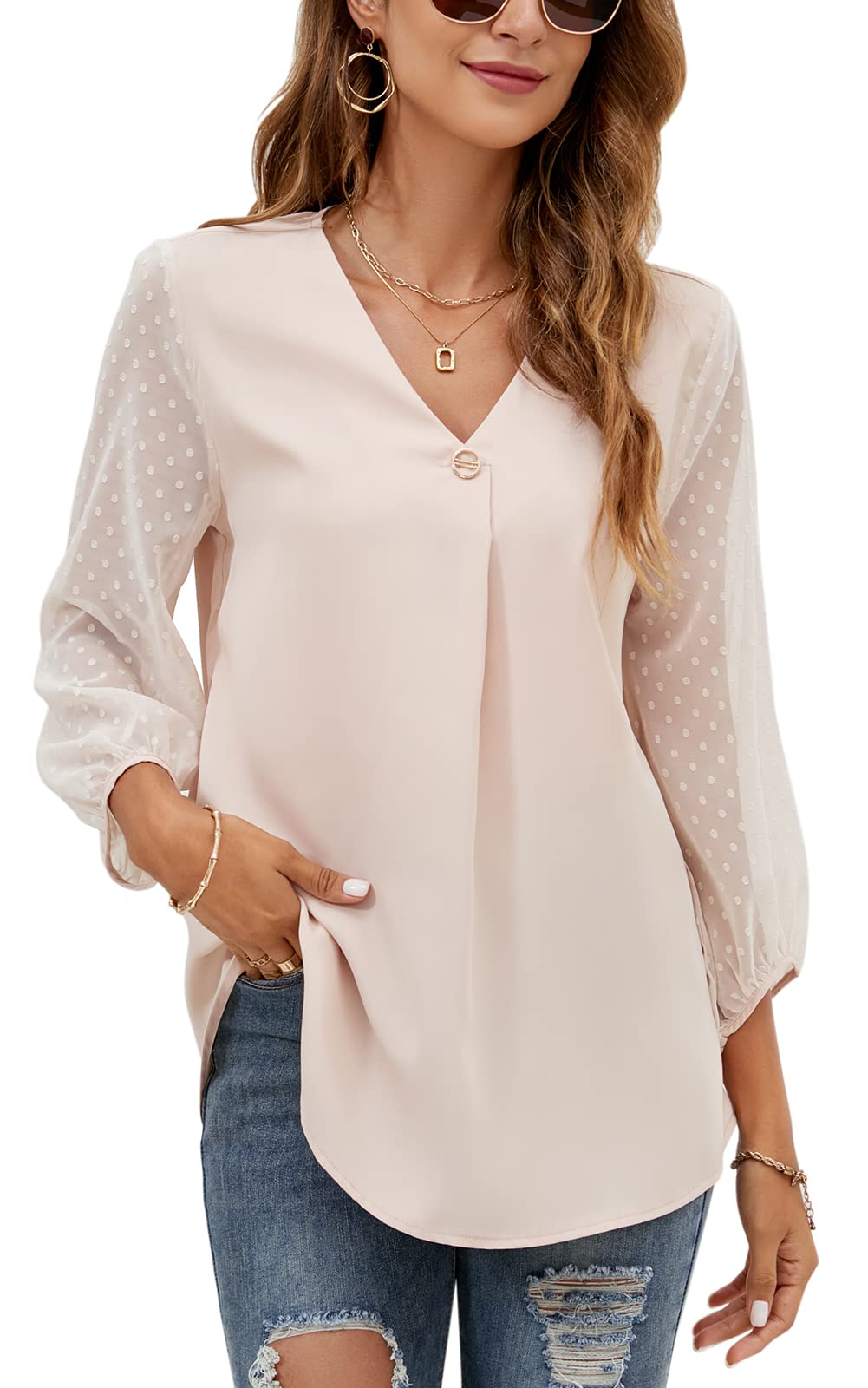 POGTMM Women's Summer Chiffon Blouse - V-Neck 3/4 Sleeve Floral Tunic Top for Casual Work & Business | Lightweight Loose Fit Shirt for Office, Dating & Outdoor Activities